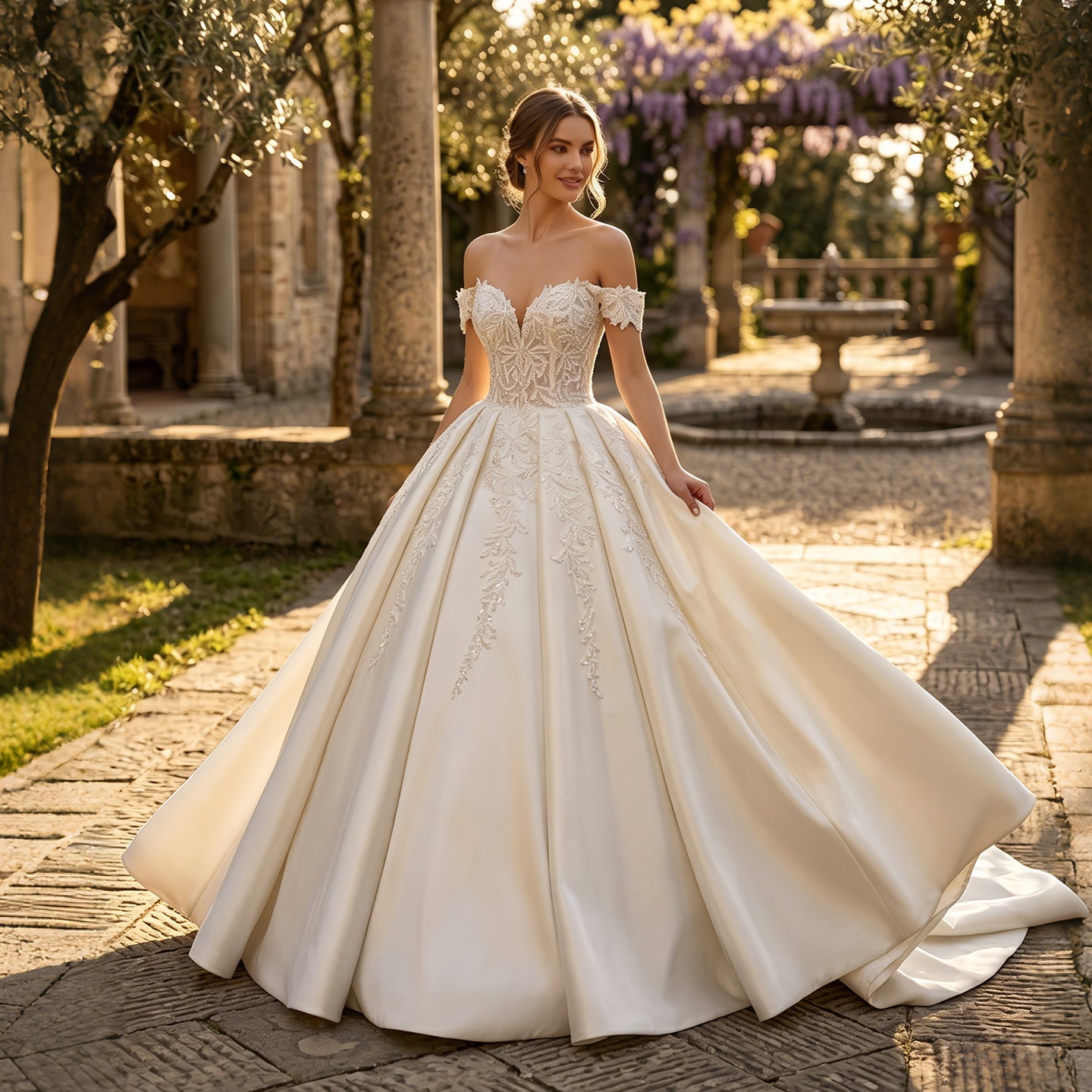 Off-the-Shoulder Satin Ball Gown Wedding Dress with Lace Appliques & Corset Back SW701 Sheer Fairy