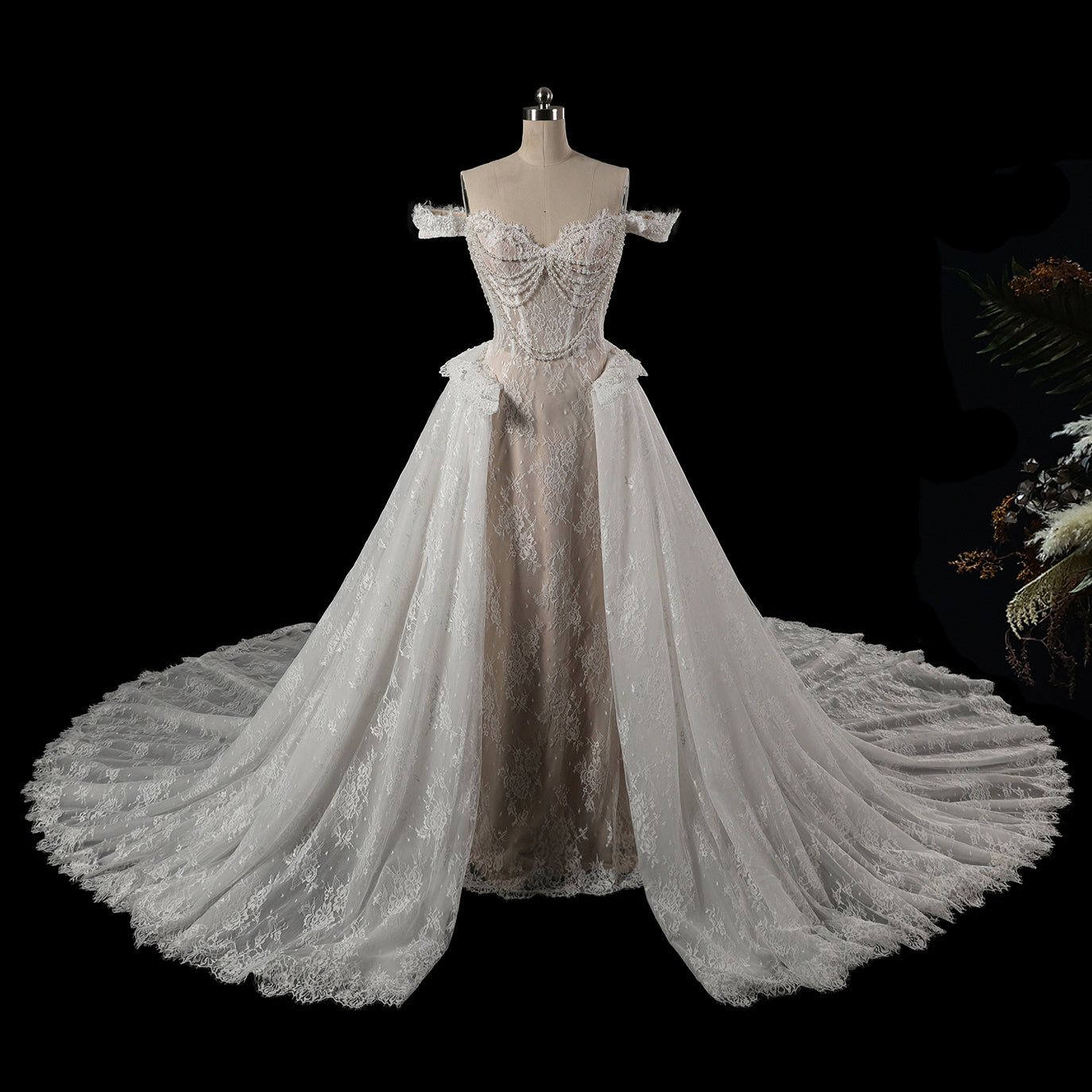 White Beaded Mermaid Wedding Dress with Detachable Train SW177 Sheer Fairy