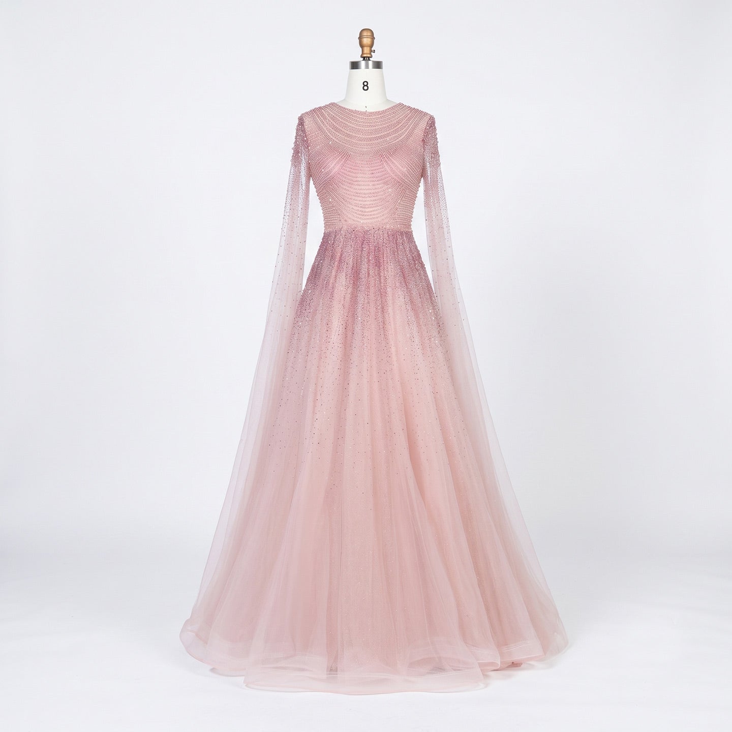 Sparkling Beaded A Line Evening Gown Long Cape Sleeves Glitzy Prom Dress SS059 Sheer Fairy