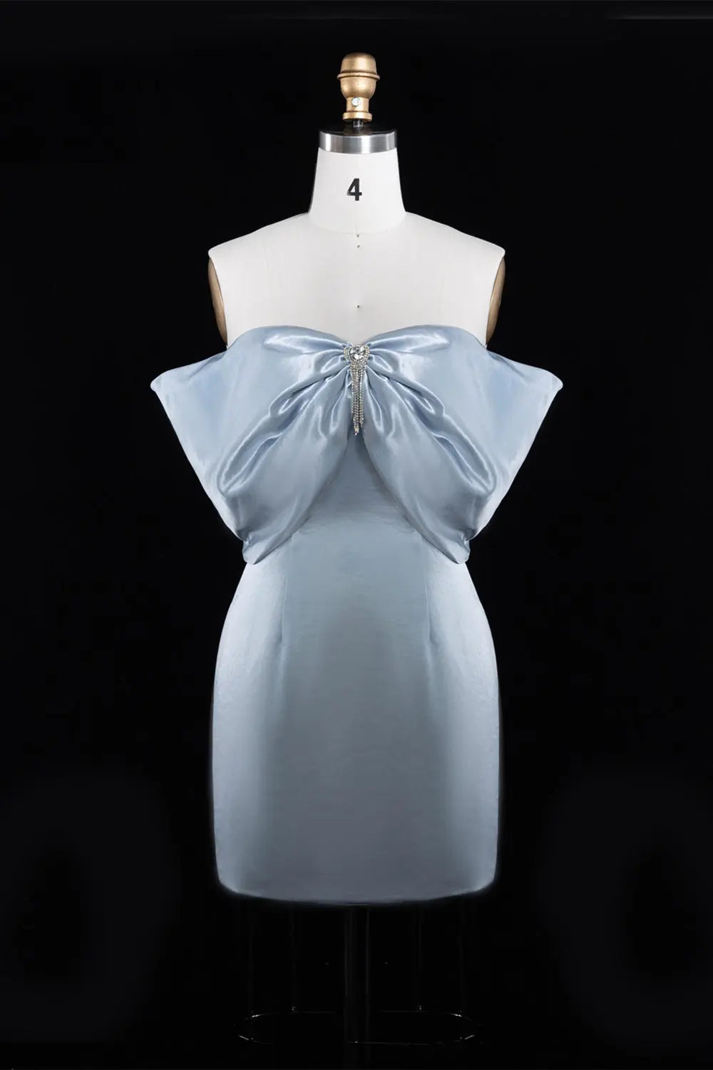 Light Blue Satin Off-Shoulder Sheath Mini Homecoming Dress RM185 Sheer Fairy
