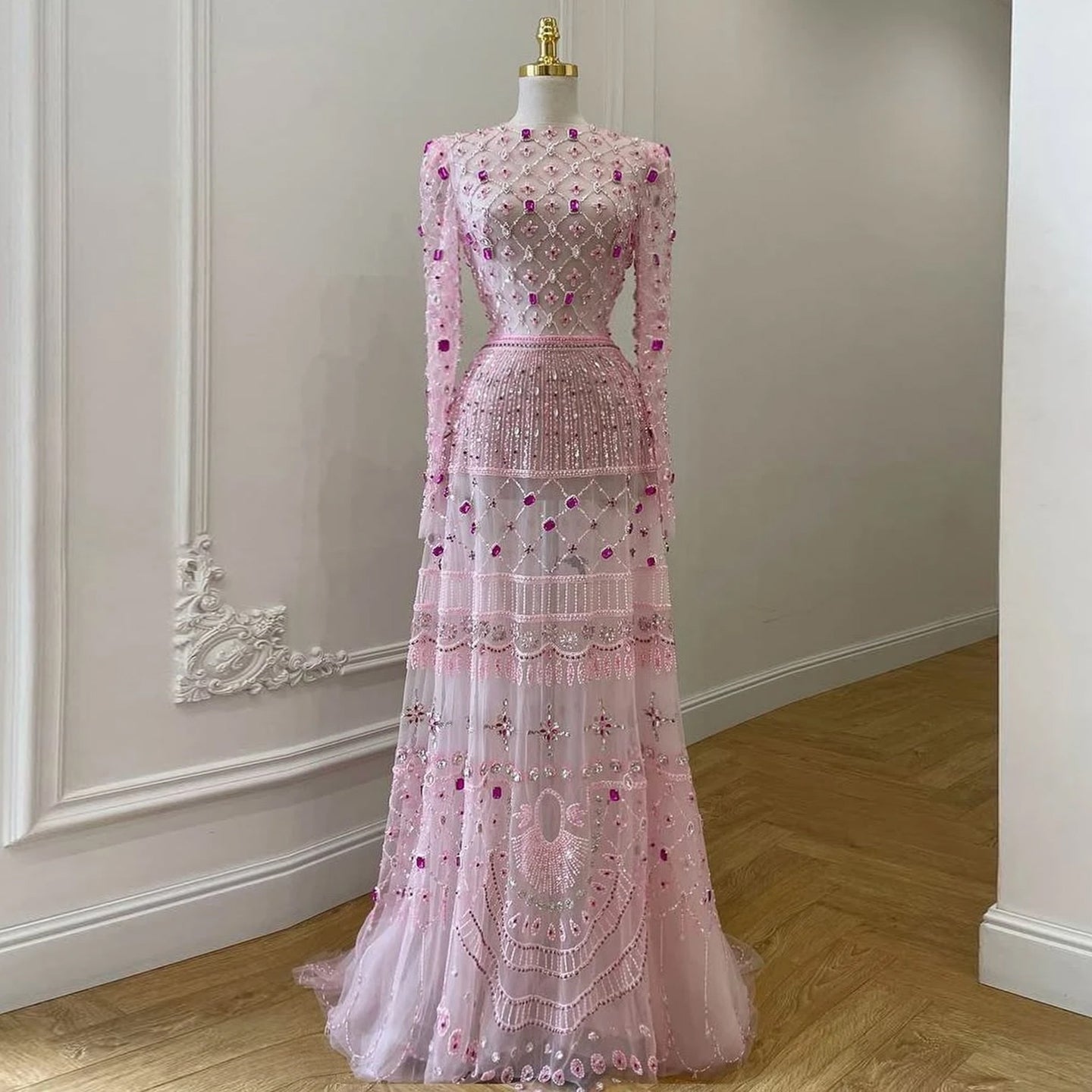 Pink Long-Sleeve Beaded Sheer Evening Dress SS220 Sheer Fairy