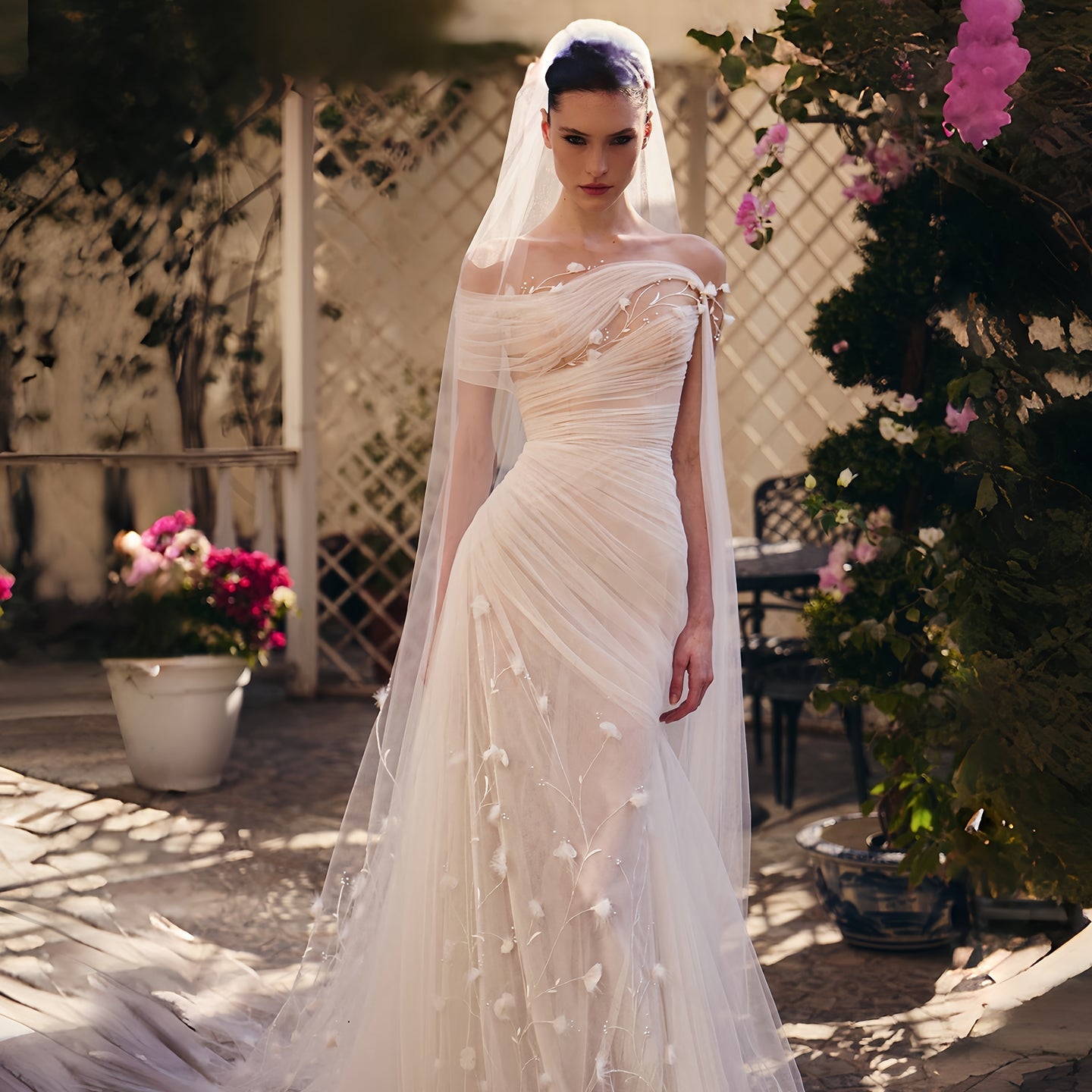 Romantic Strapless Tulle Wedding Dress with Floral Appliques and Soft Draped Design SW232 Sheer Fairy