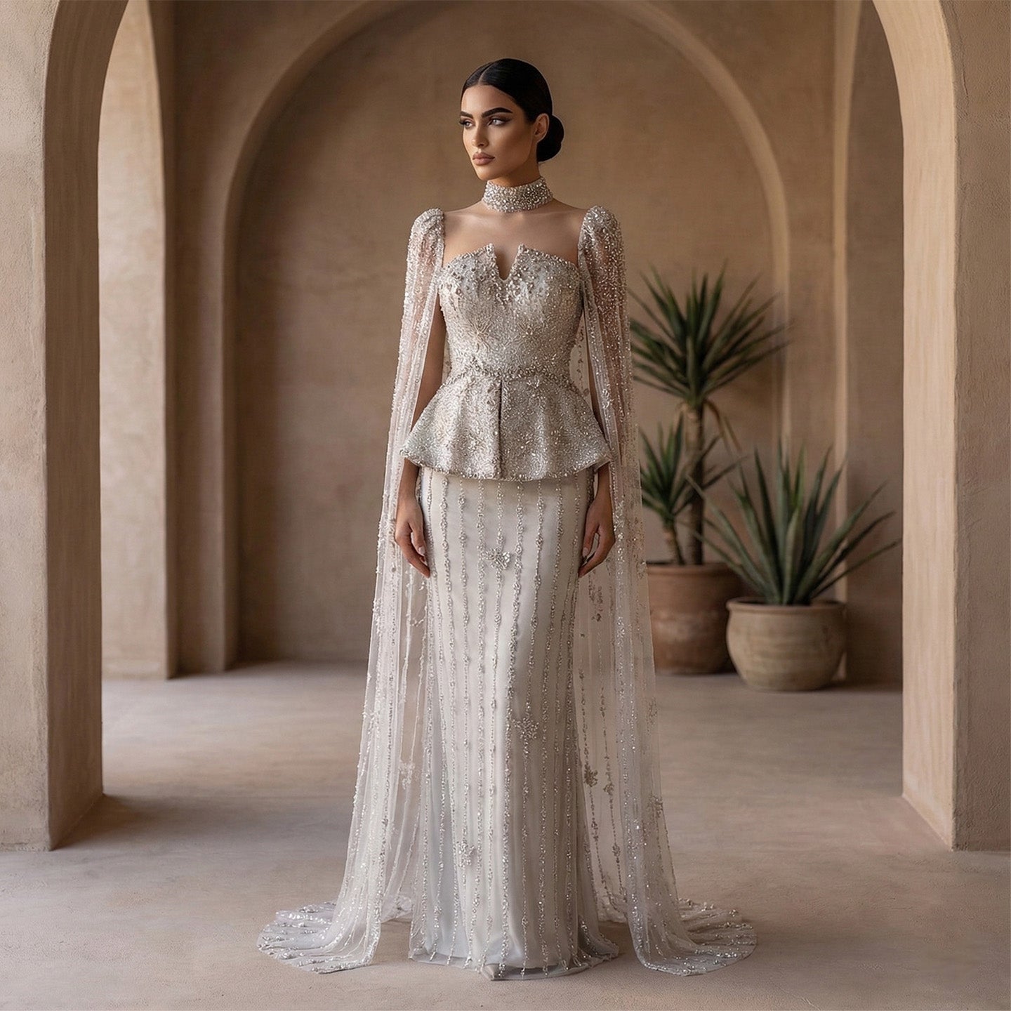 Luxury Silver Crystal Beaded Cape Mermaid Evening Dress Gown with Peplum SS531 Sheer Fairy