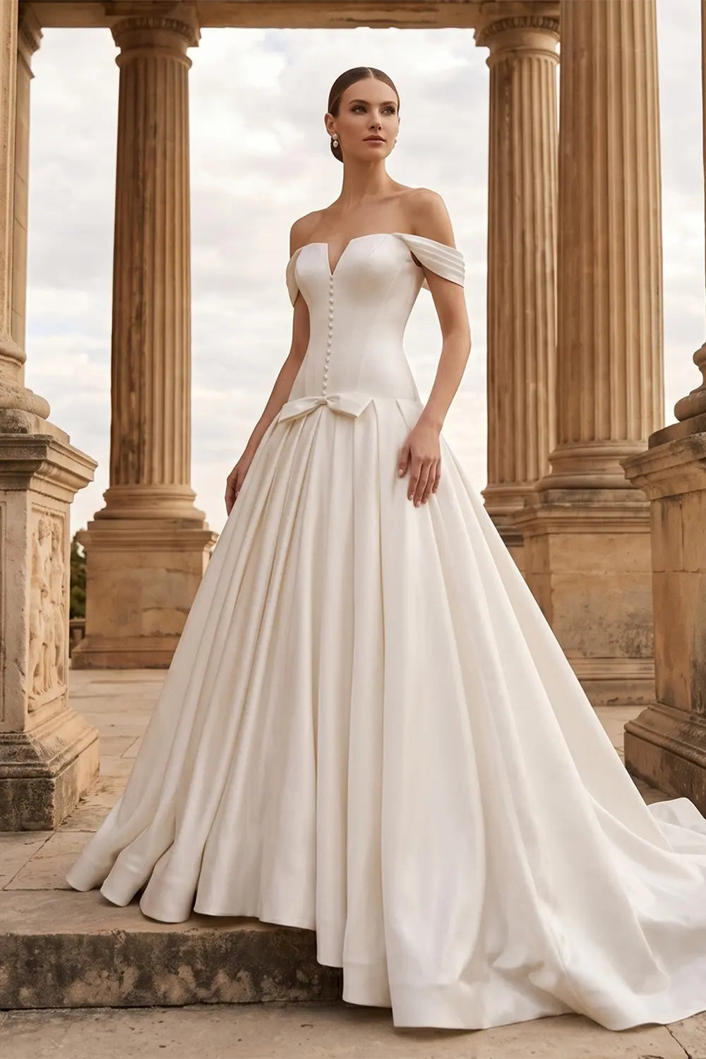 Ivory Off Shoulder Satin A Line Wedding Dress SW692 Sheer Fairy