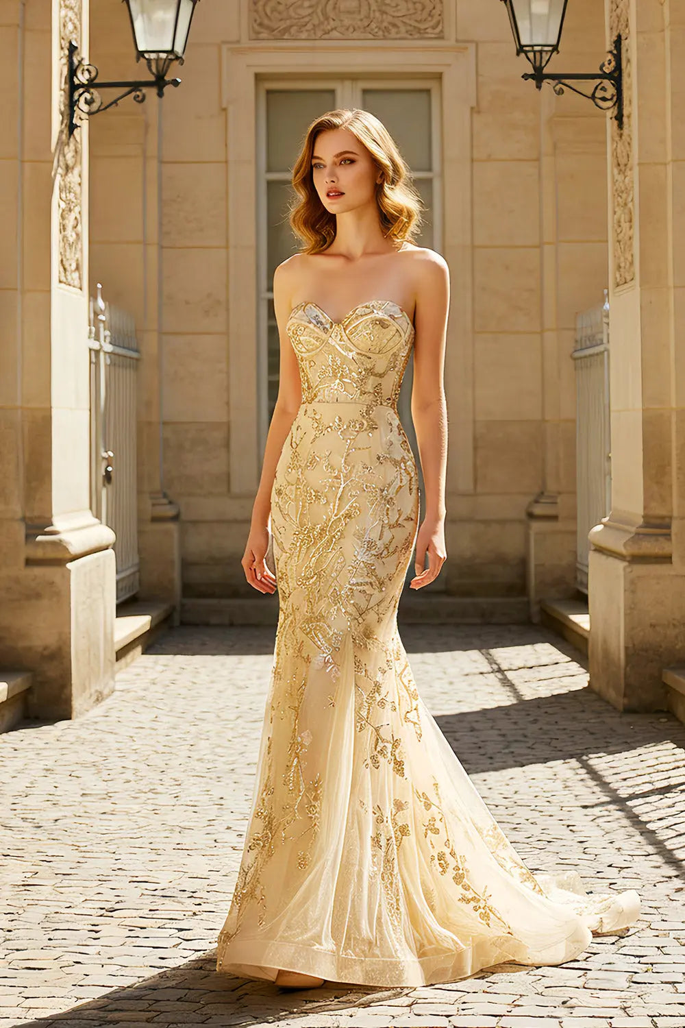 Gold Lace Sweetheart Mermaid Prom Dress SH486 Sheer Fairy