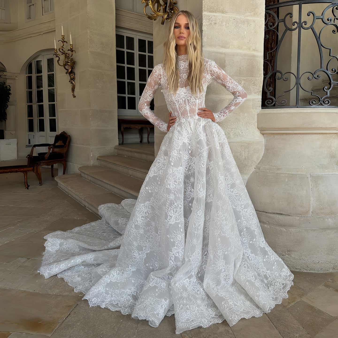 Long Sleeve Lace Sheer Wedding Bridal Dress with Court Train SW227 Sheer Fairy