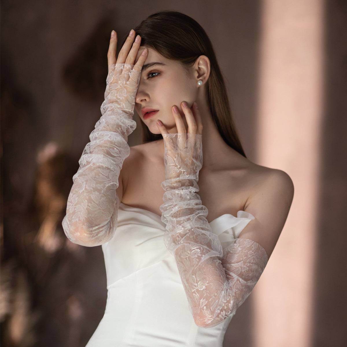 Romantic Floral Lace Ruched Fingerless Opera Gloves White Bride Wedding Evening Party Accessories GL008 SHEER FAIRY