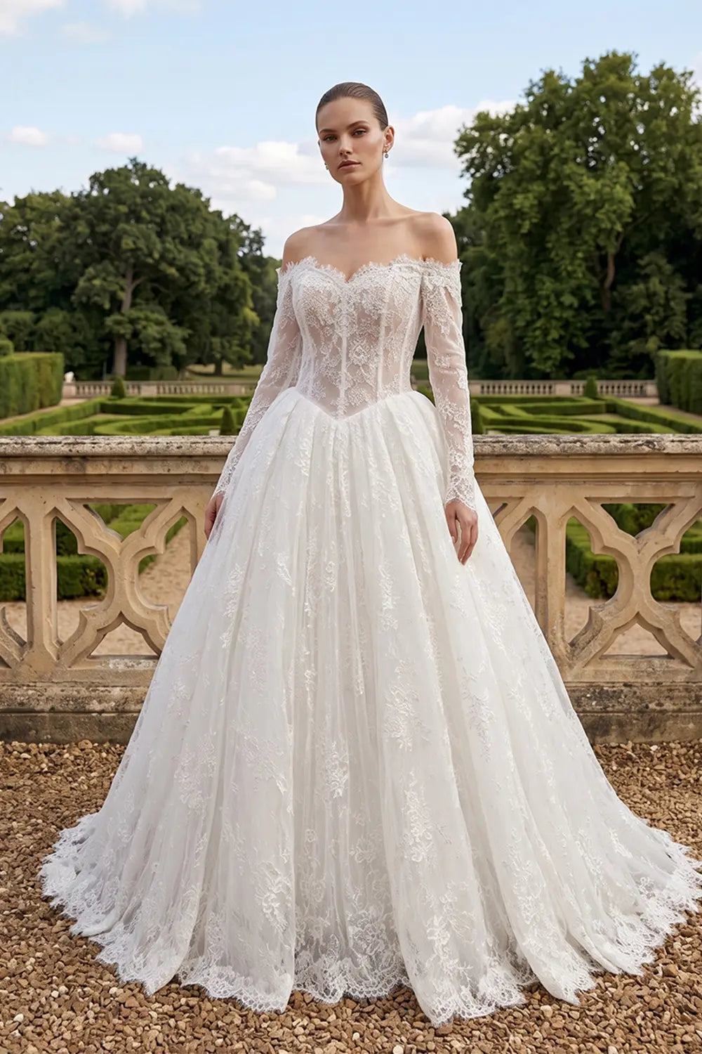 White Floral Lace Off The Shoulder Bridal Wedding Gown SW748 Sheer Fairy
