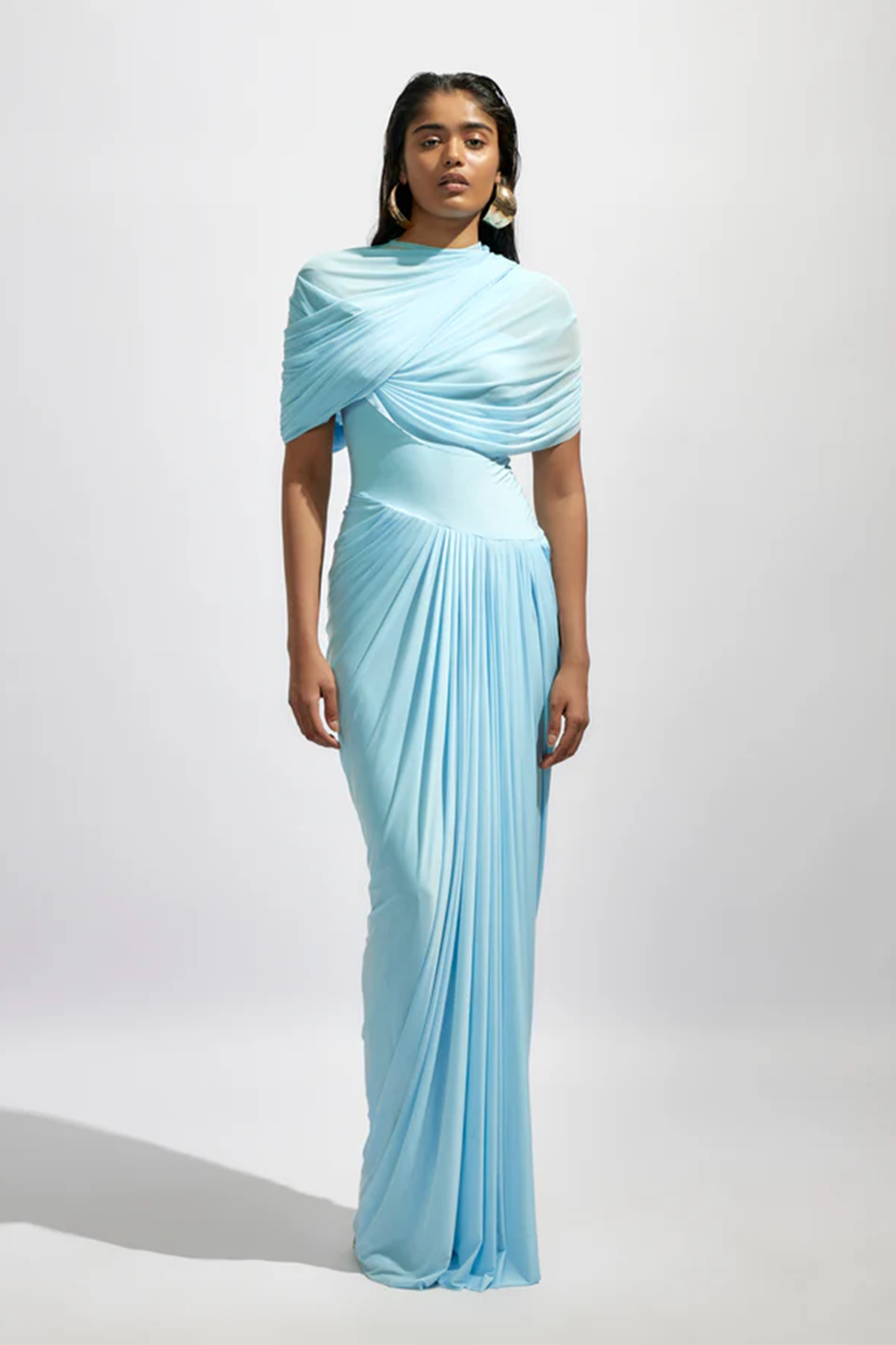 Light Blue Chiffon Asymmetrical High Neck Column Evening Dress SF151