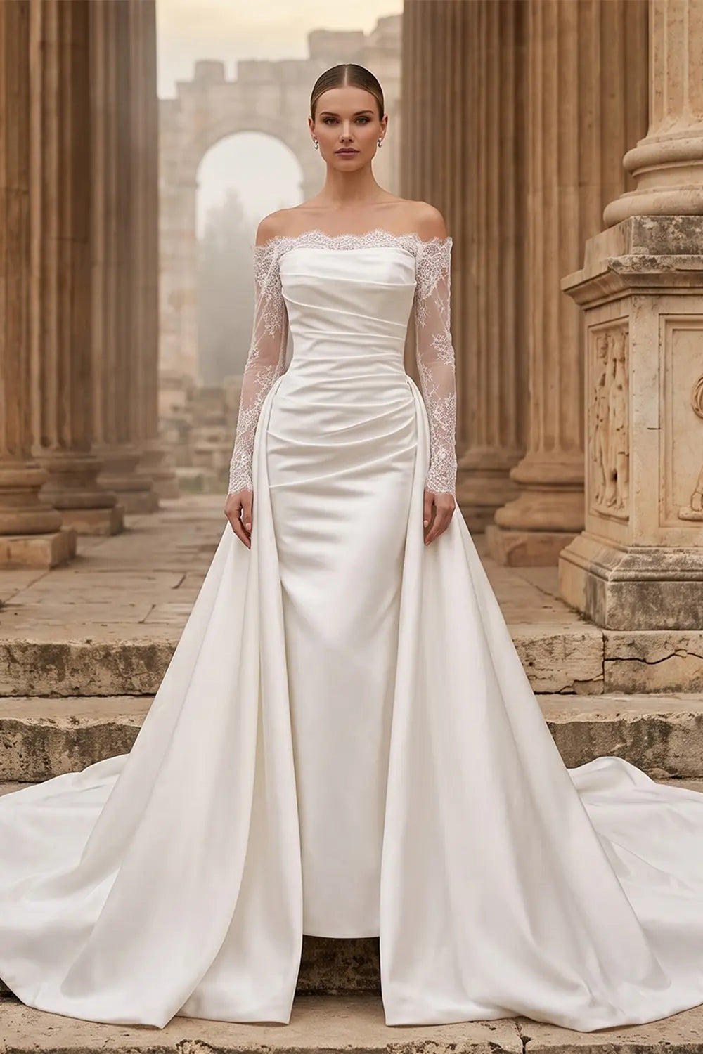 Ivory Lace Sleeve Satin Bridal Wedding Dress SW691 Sheer Fairy