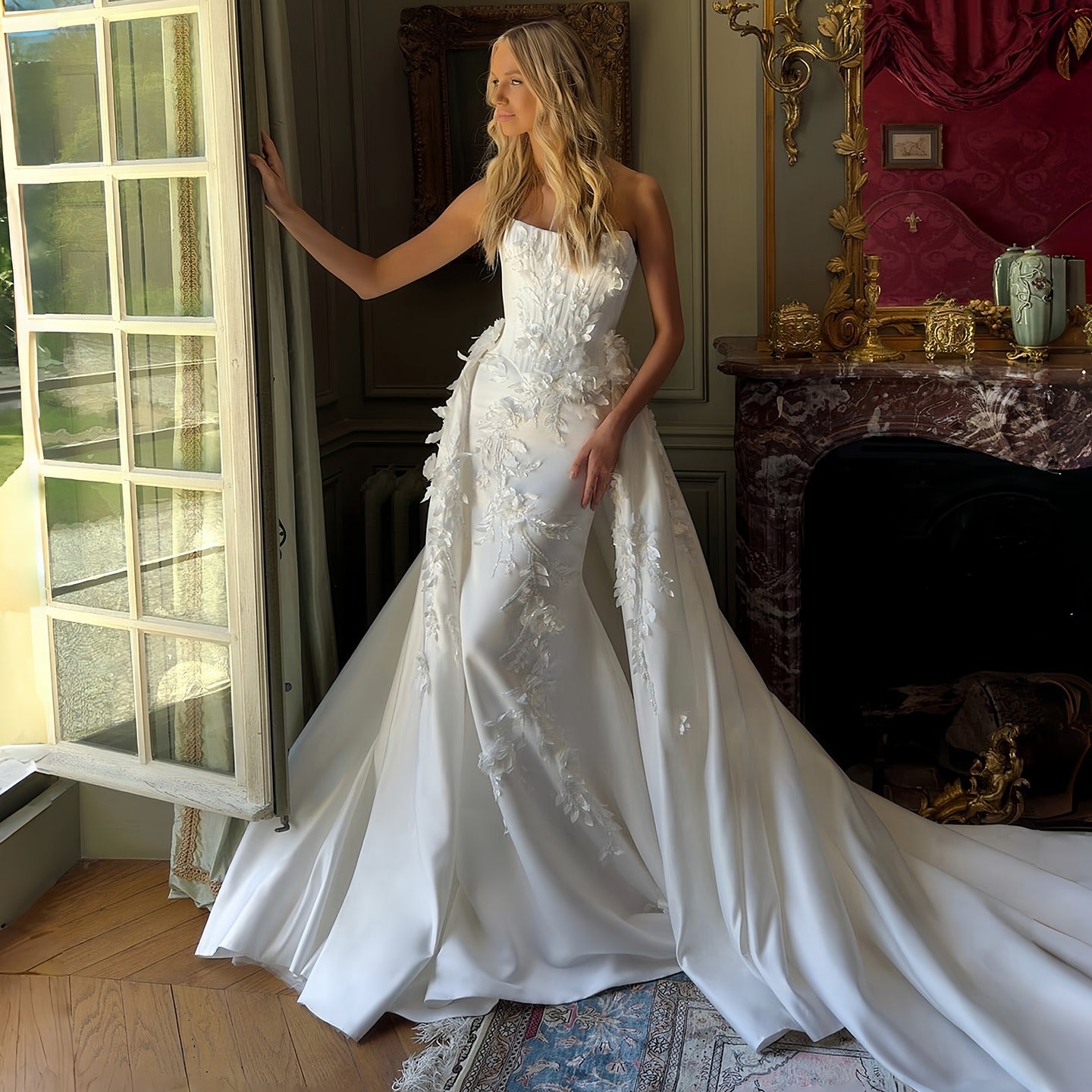 Strapless 3D Floral Satin Mermaid Wedding Dress with Detachable Overskirt SW222 Sheer Fairy