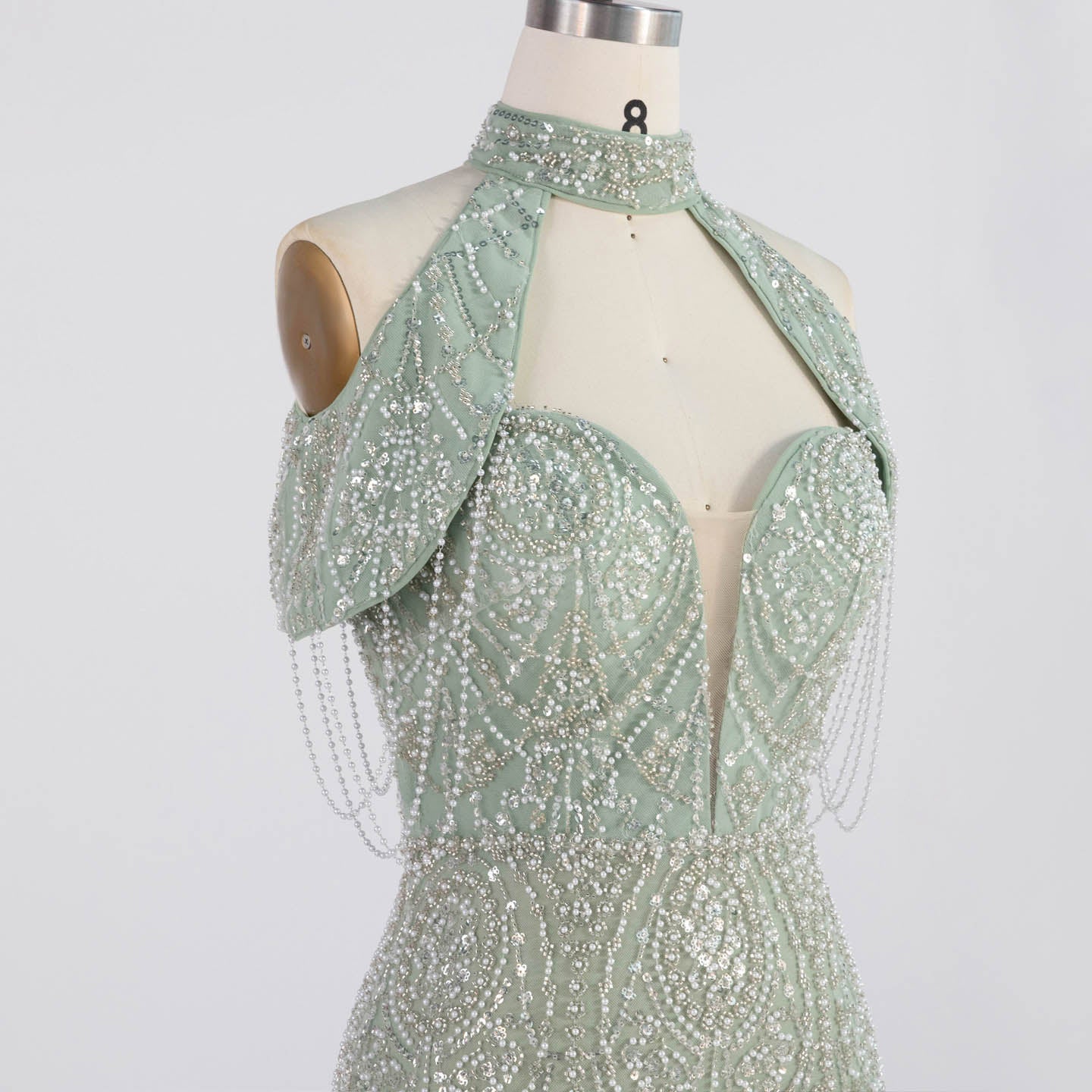 High Neck Cold Shoulder Beaded Sequin Evening Gown Tassel Fringe Formal Prom Dress ST005 Sheer Fairy