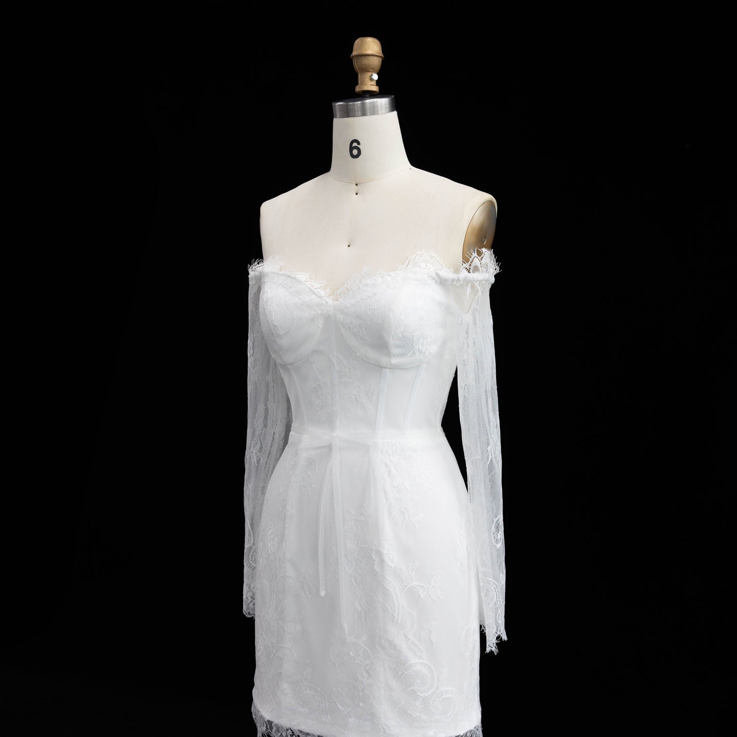White Lace Long Sleeve Off-the-Shoulder Mini Wedding Dress SW170 Sheer Fairy