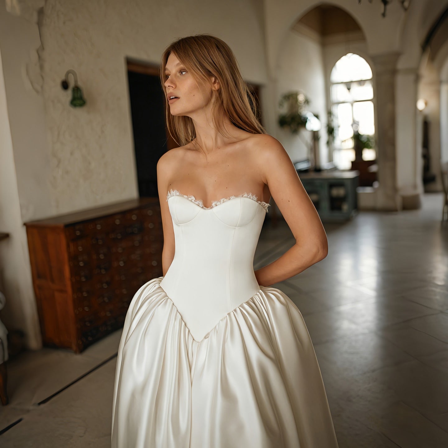 Strapless  A Line  Ivory Voluminous Gathered Wedding Dress with Sweep Train SW741 Sheer Fairy