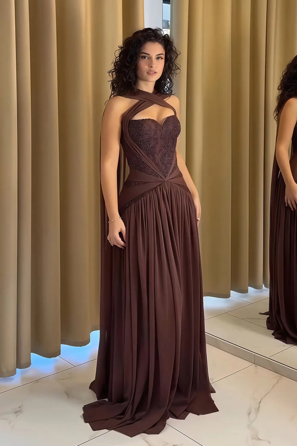 Convertible Plum Chiffon A-Line Halter Neck Evening Dress SF460 Sheer Fairy