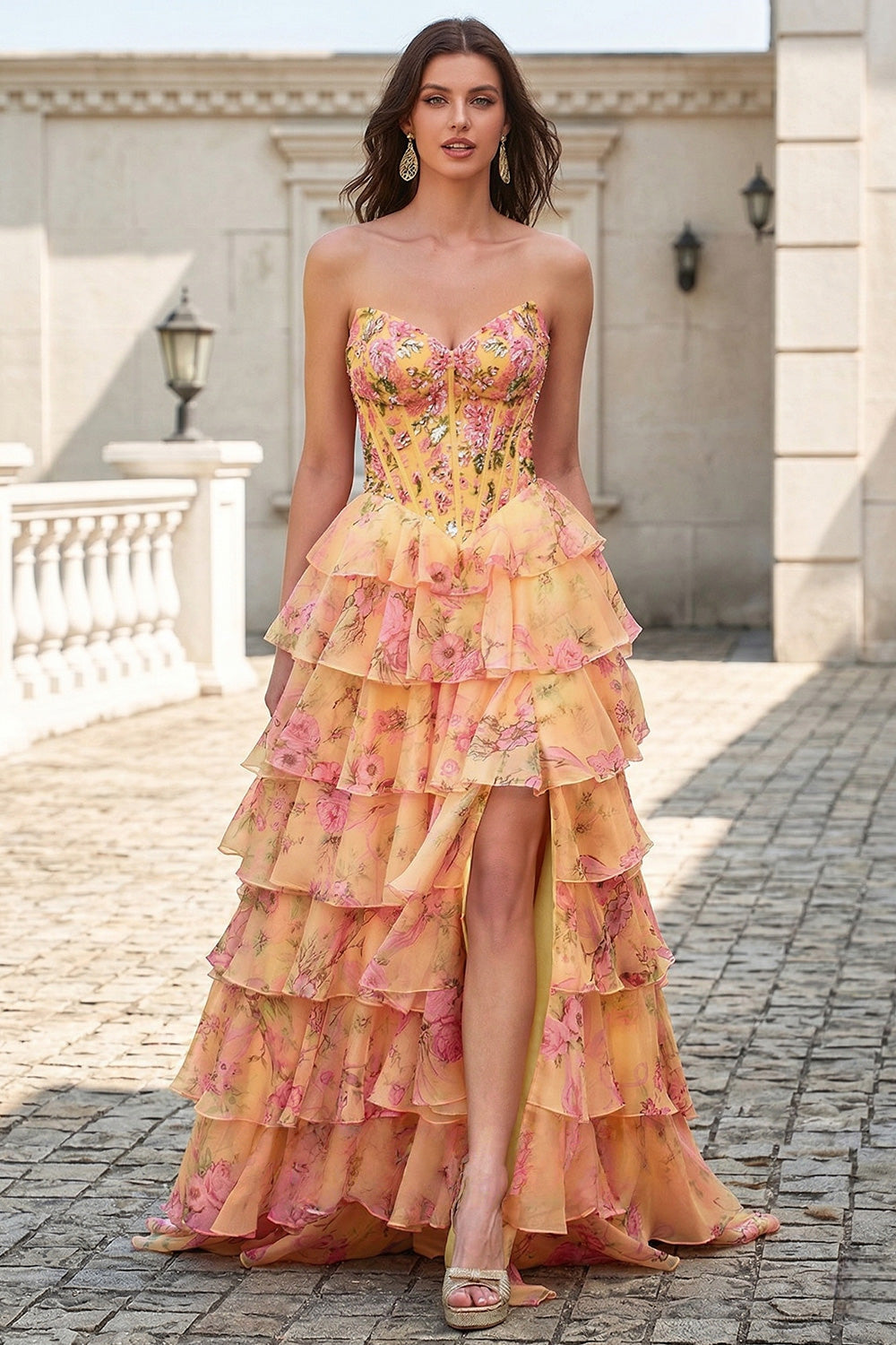 Elegant Yellow Floral Strapless Prom Dress SH738 Sheer Fairy