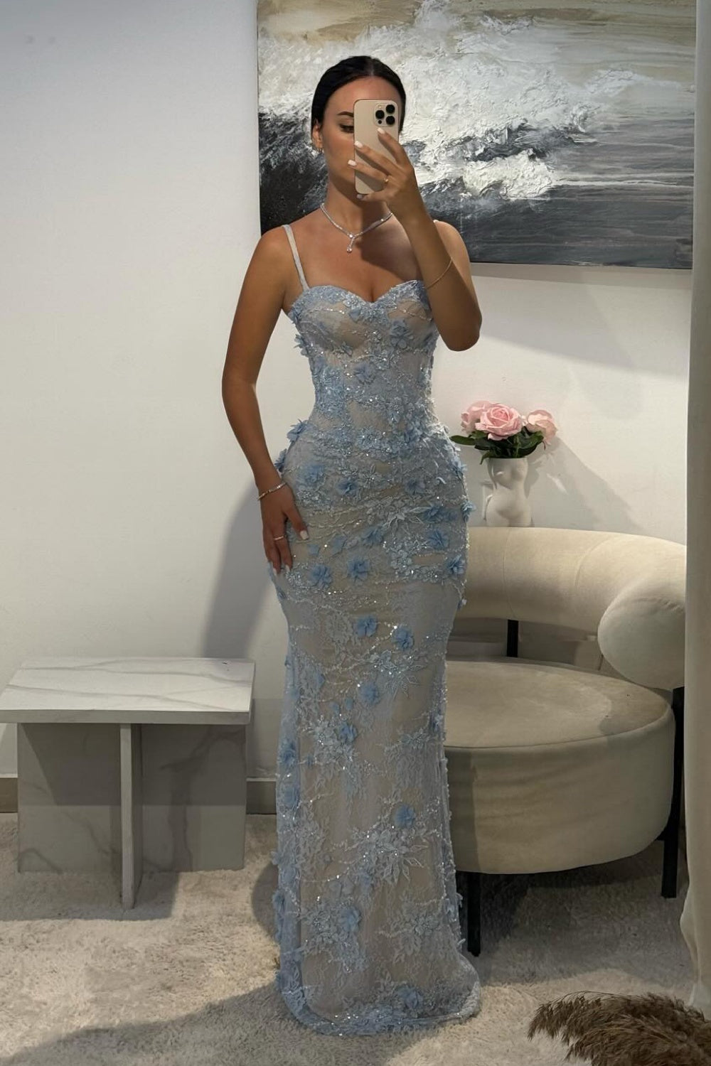 Light Blue Sequined Beaded Mermaid Sleeveless Prom Dress SH554 Sheer Fairy