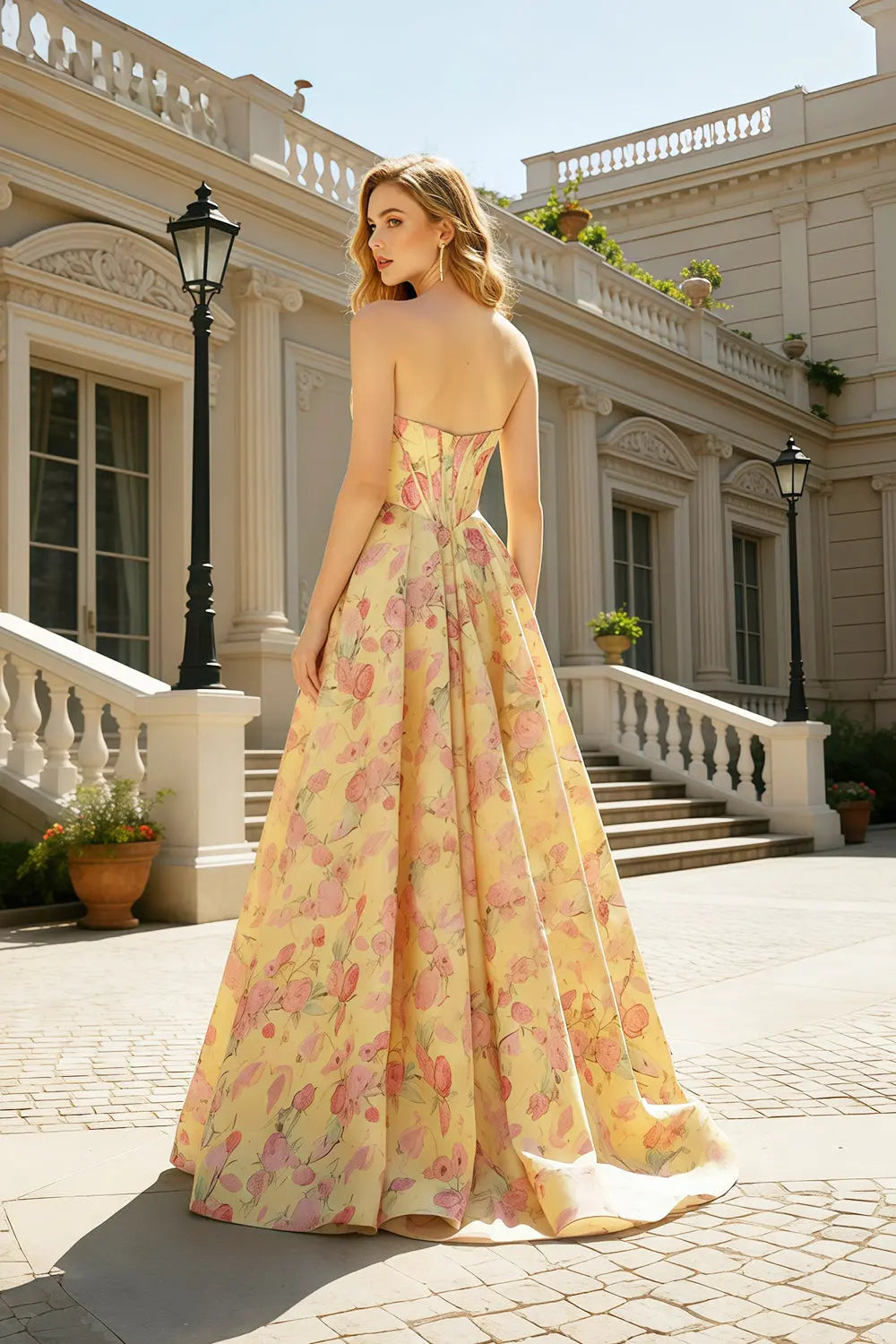 Strapless Yellow Floral Jacquard Ball Gown Prom Dress SH414 Sheer Fairy
