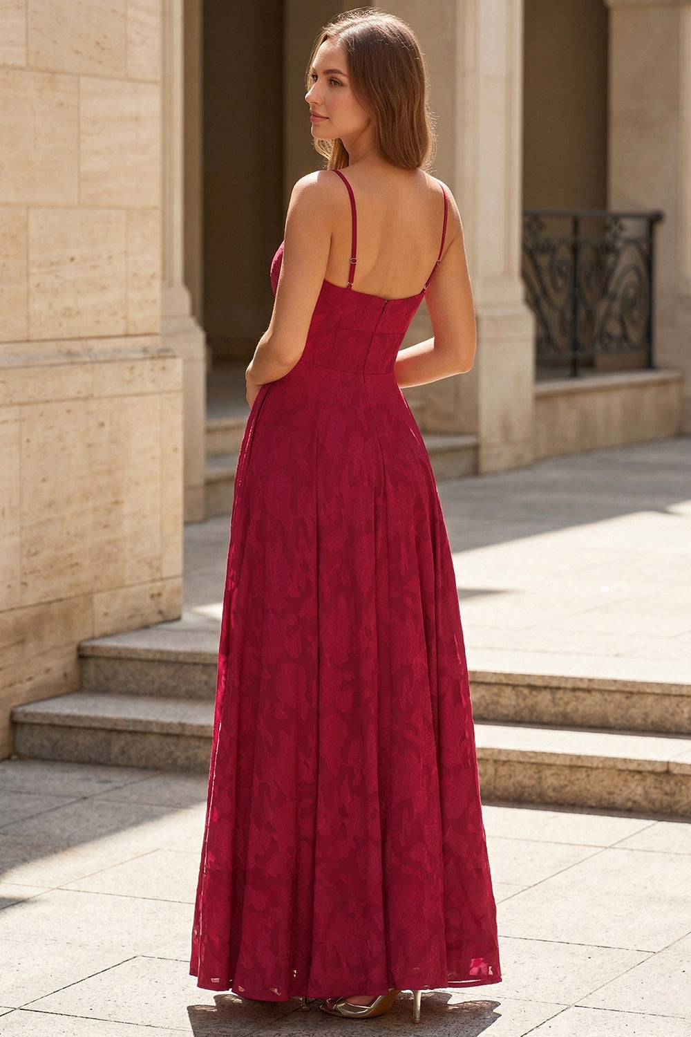 Burgundy Lace A Line Long Prom Dresses Spaghetti Strap SH736 Sheer Fairy