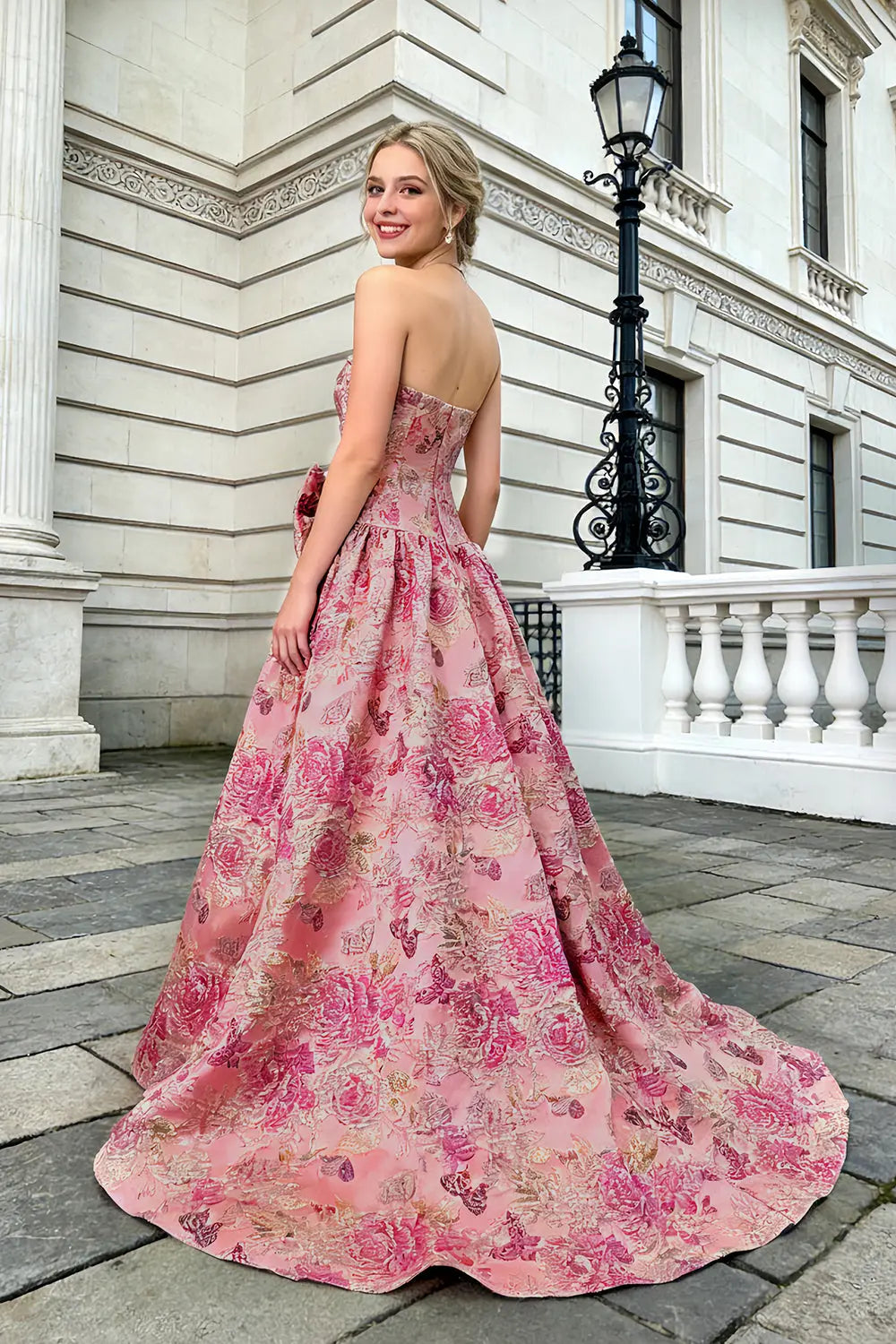 Pink Floral Jacquard Ball Gown Prom Dress SH402 Sheer Fairy
