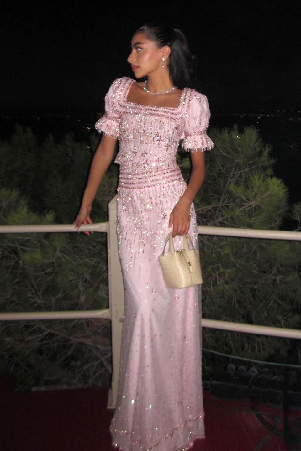 Pink Sequined Two-Piece Square Neck Puff Sleeve Mermaid Evening Dress SS548
