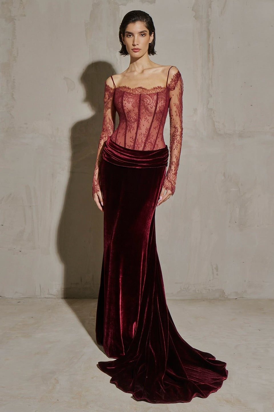 Wine Red Lace and Velvet Long Sleeves Mermaid Evening Dress SF056
