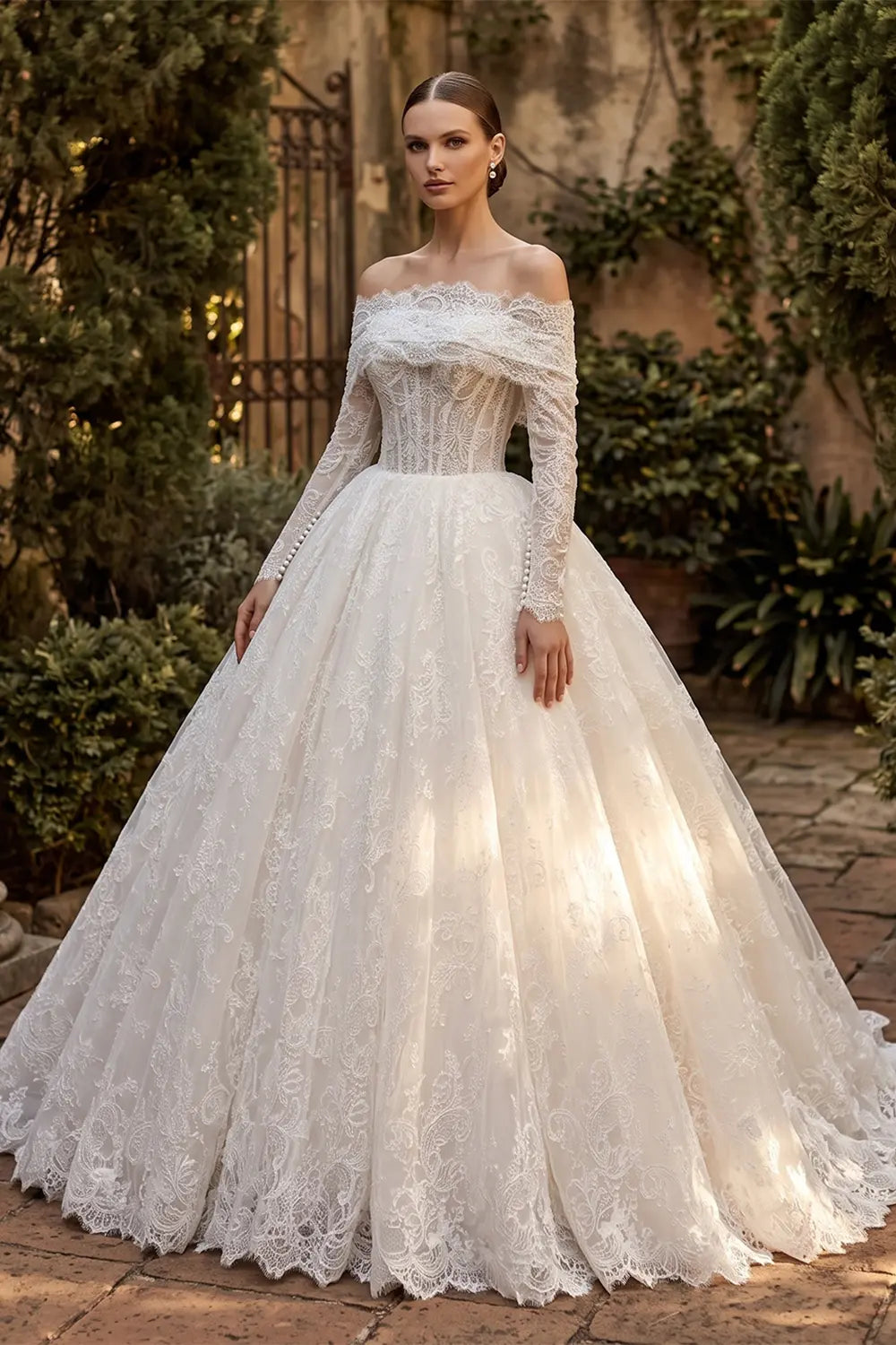 White Off Shoulder Ball Gown Wedding Dress SW690 Sheer Fairy