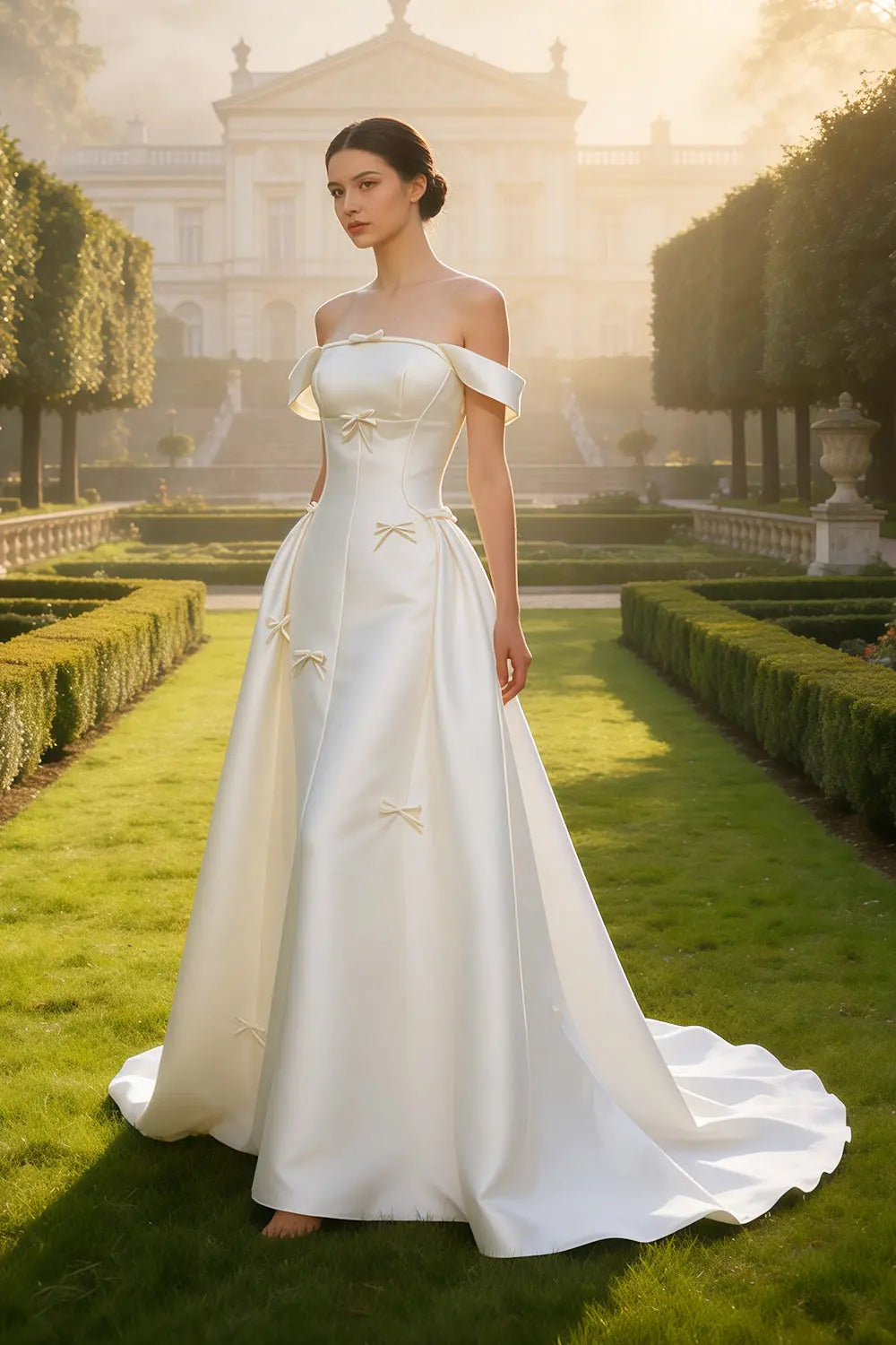 Off-the-Shoulder Satin Ballgown Wedding Dress SW633 Sheer Fairy