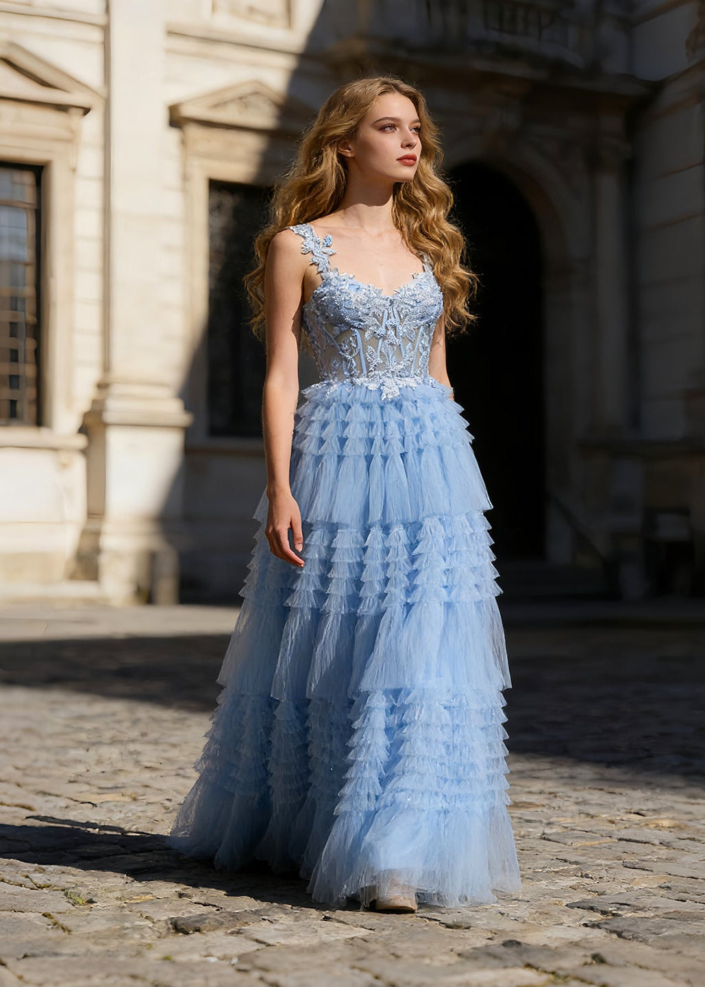 Blue Tiered Tulle Long Evening Dress SH359 Sheer Fairy