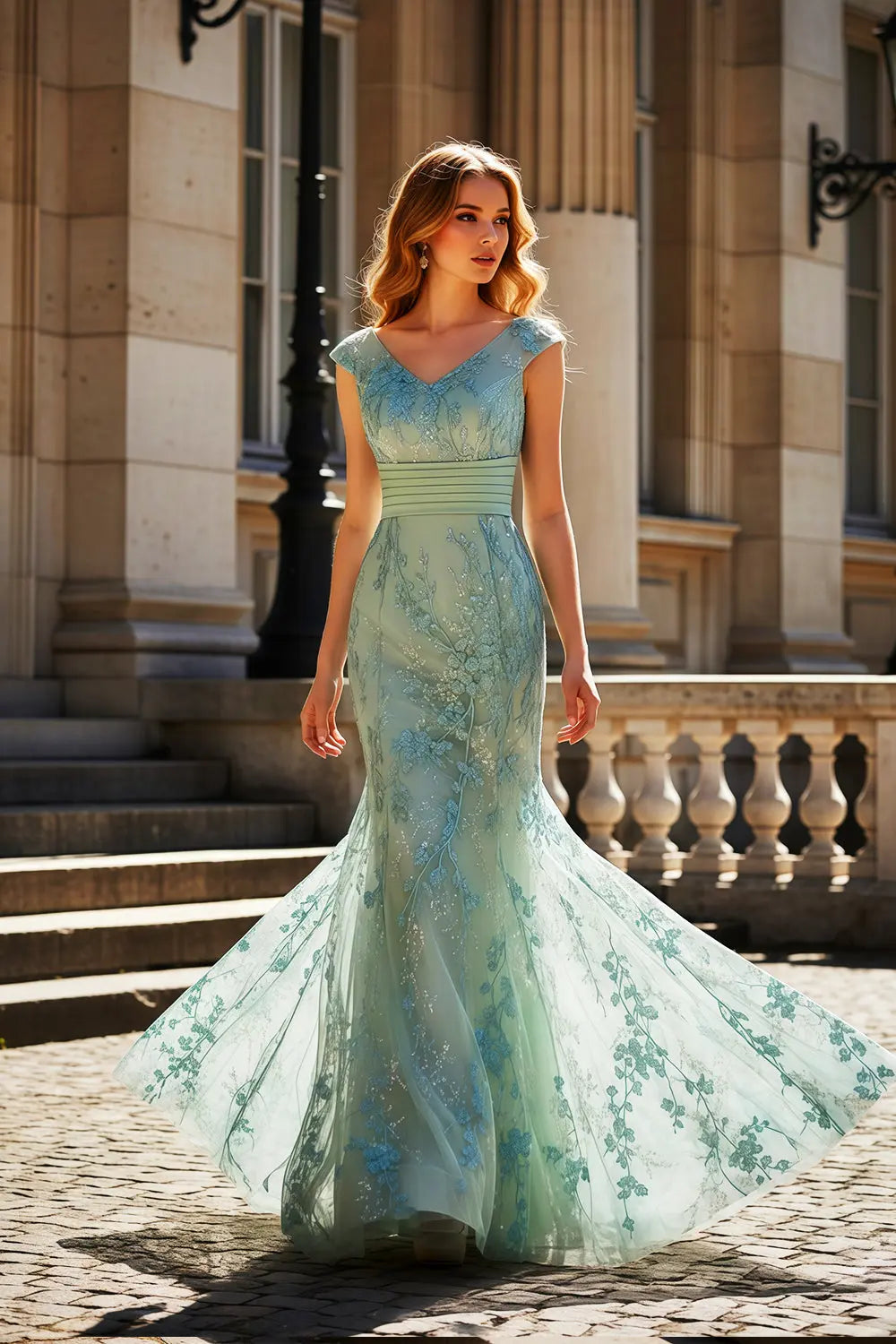 Mint Green Lace V-Neck Sleeveless Mermaid Prom Dress SH462 Sheer Fairy