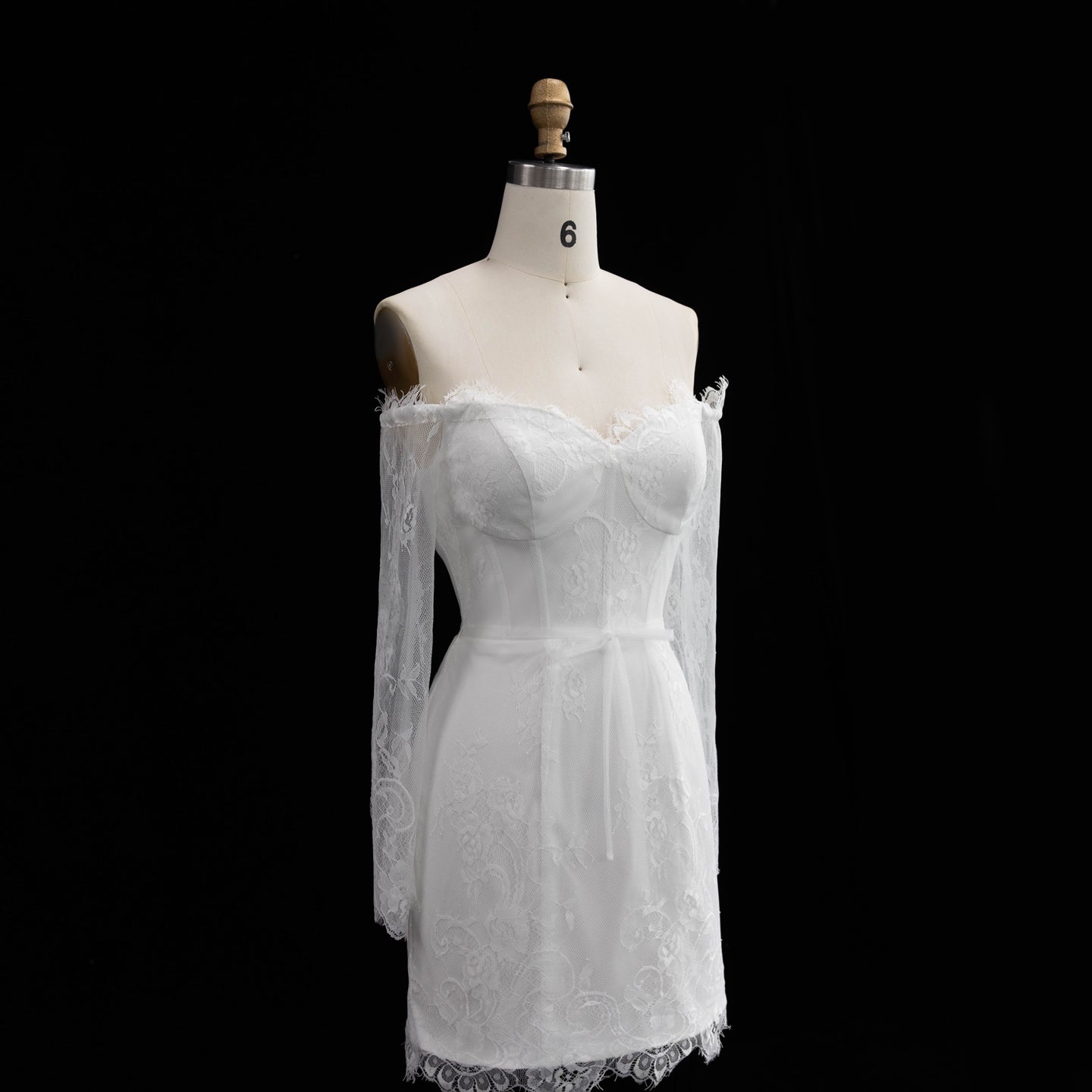 White Lace Long Sleeve Off-the-Shoulder Mini Wedding Dress SW170 Sheer Fairy