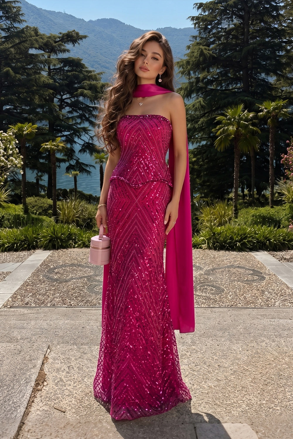 Luxury Strapless Full Bead Mermaid Evening Dress Chevron Glitter Sequin Floor Length Gown With Flowing Neck Sash For Wedding Guest Banquet Prom Night ST003 Sheer Fairy