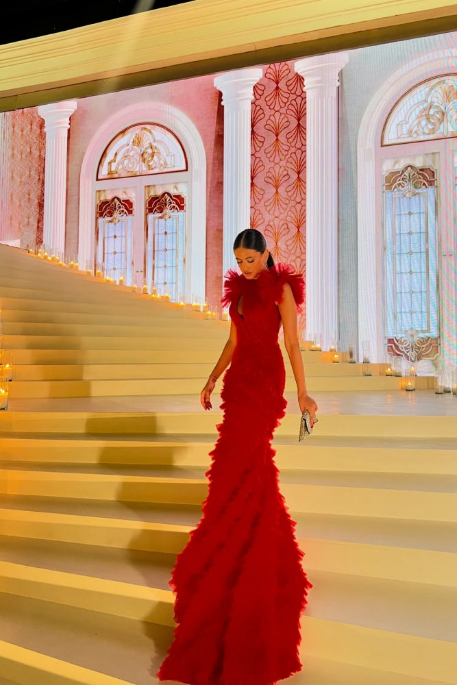 Red Textured Mermaid High Neck Evening Dress SF512 Sheer Fairy