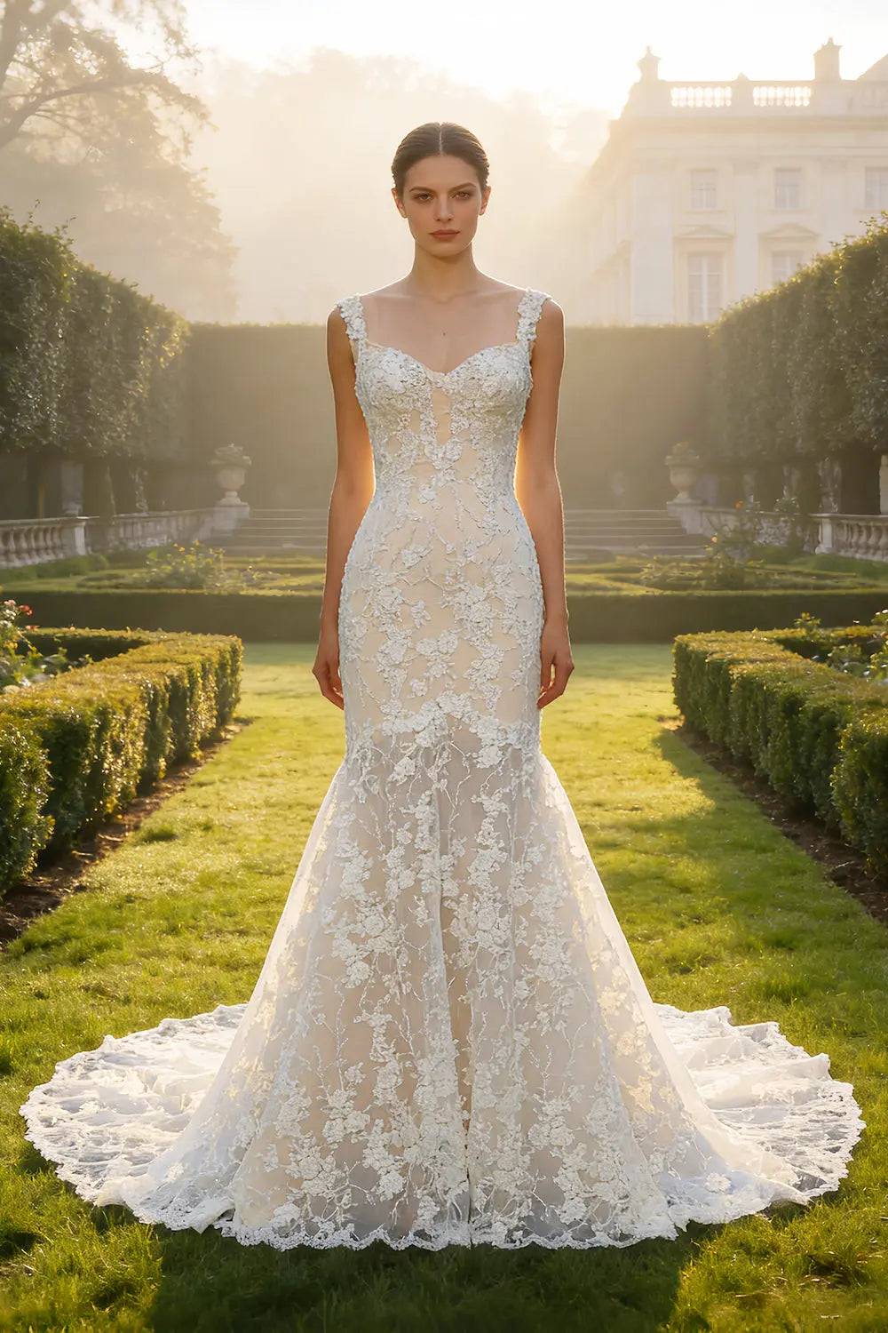 Ethereal 3D Floral Strapless Trumpet Wedding Dress SW657 Sheer Fairy