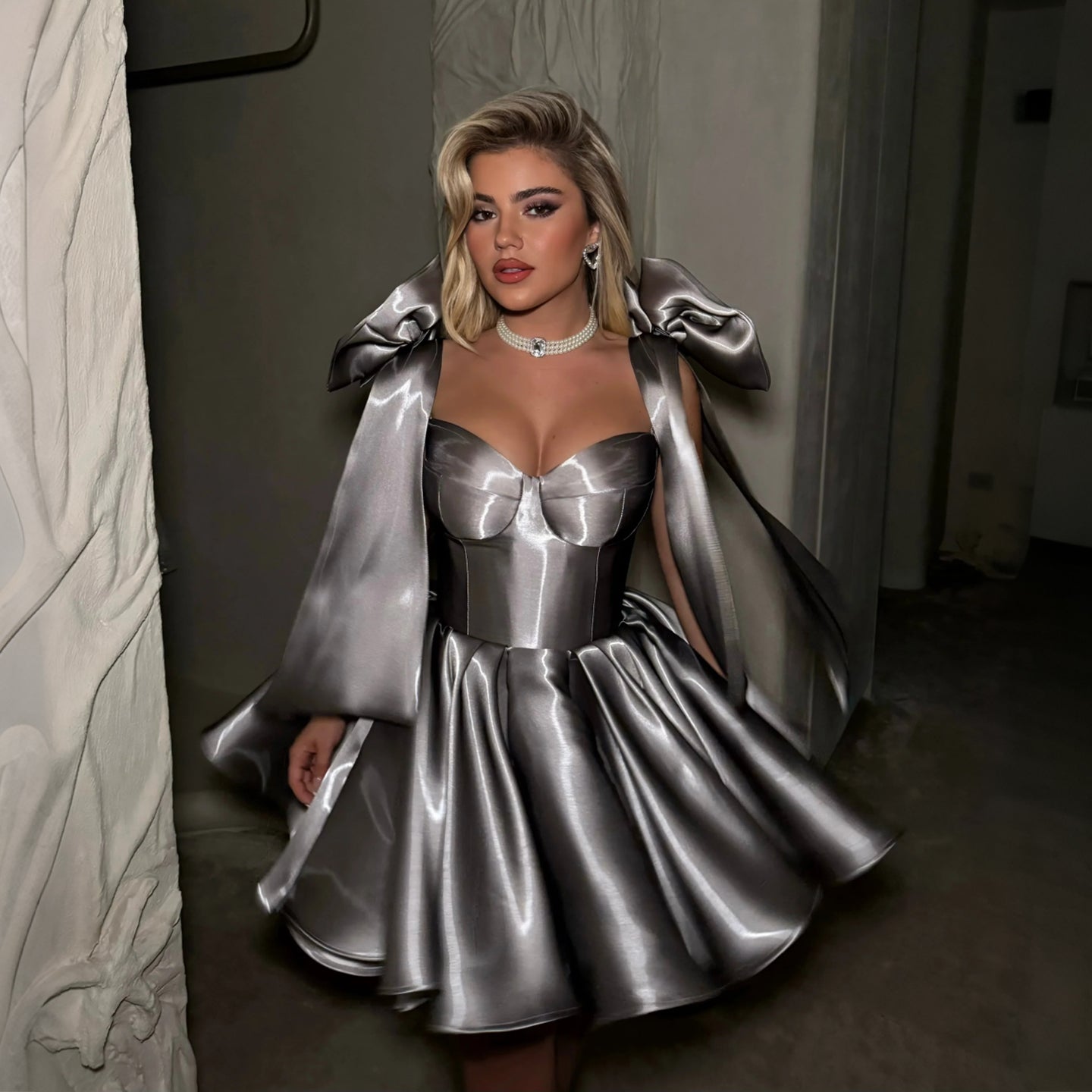 Elegant Gray Satin Corset Mini Dress with Bows RM248 Sheer Fairy