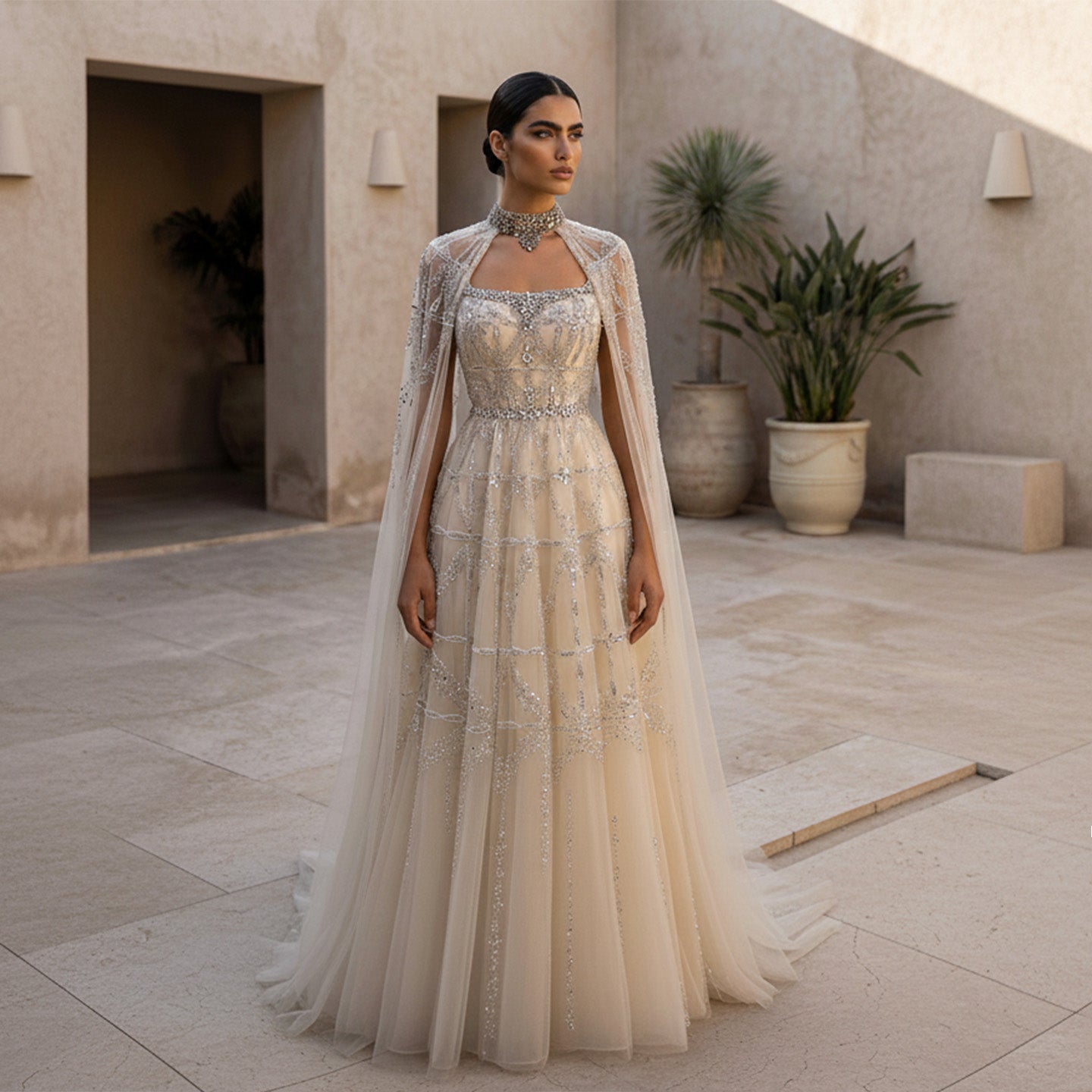 Luxury Cream Beaded A-Line Evening Gown with Sheer Cape SS486 Sheer Fairy