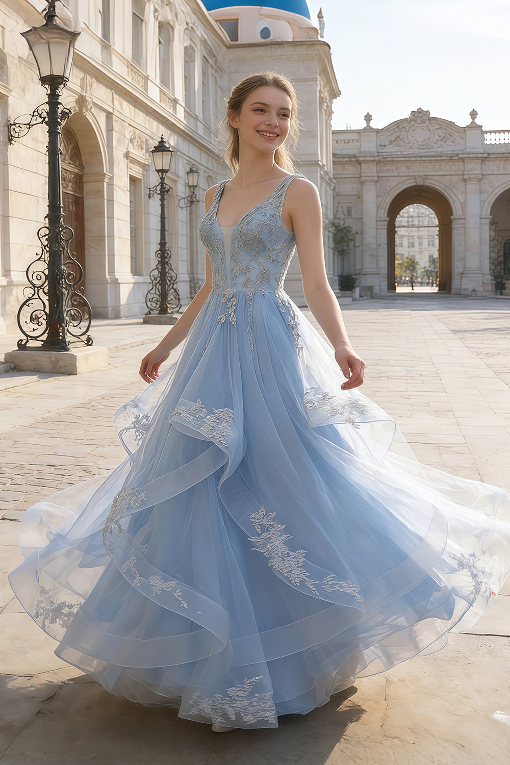 Pleated Light Blue Tulle Beaded Ballgown Prom Dress SH161 Sheer Fairy