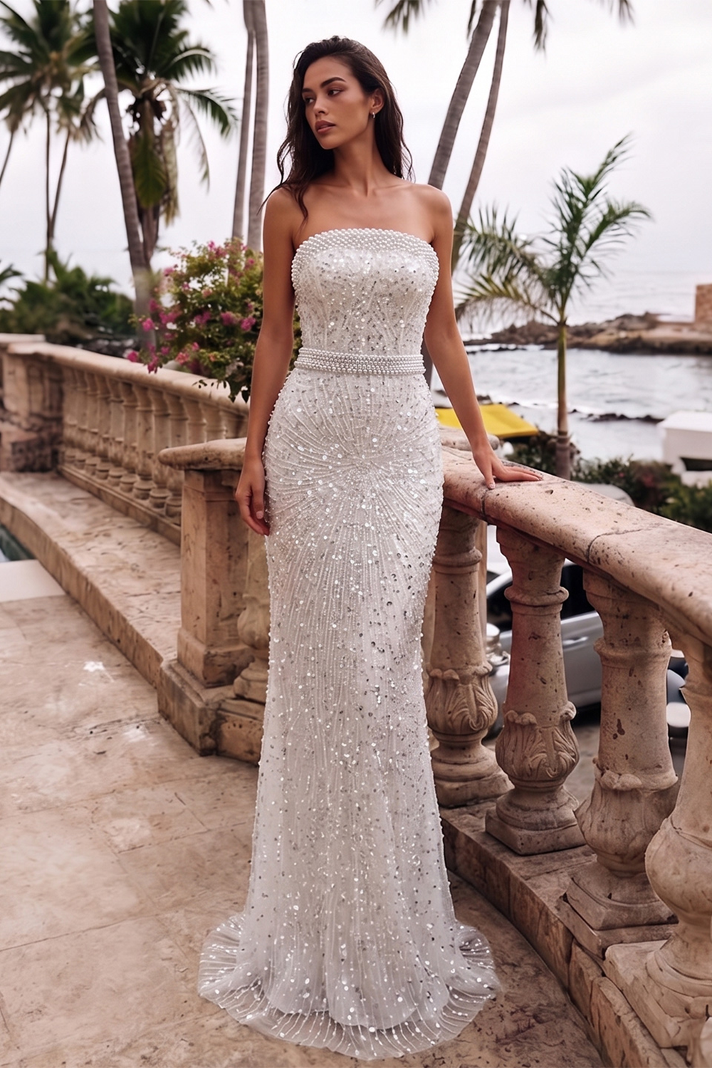 White Beading Strapless Evening Dress Pearl Beaded Mermaid Prom Dress ST014 Sheer Fairy