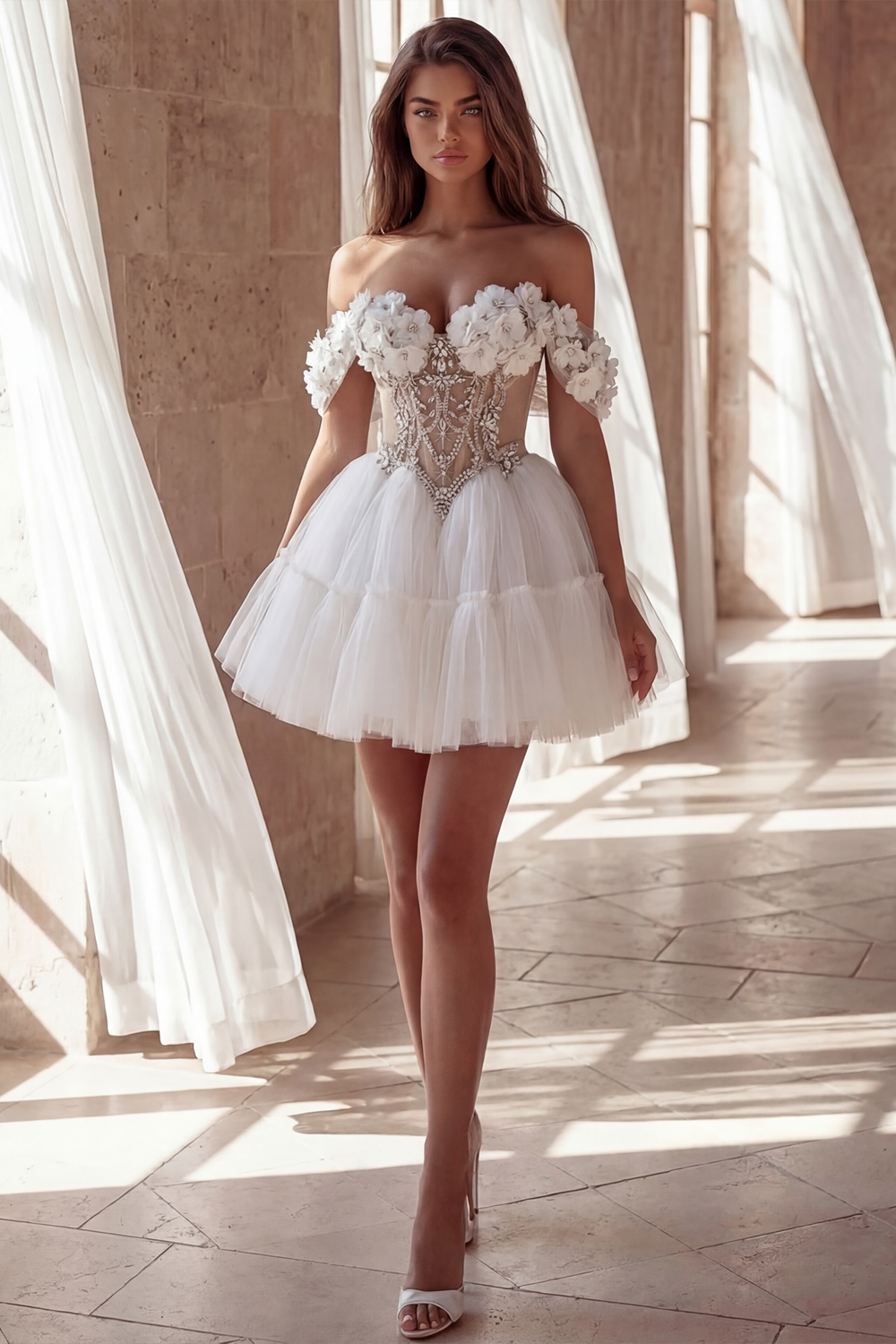 Off Shoulder 3D Floral Beaded Corset Tulle Mini short Wedding Dress SW238 Sheer Fairy