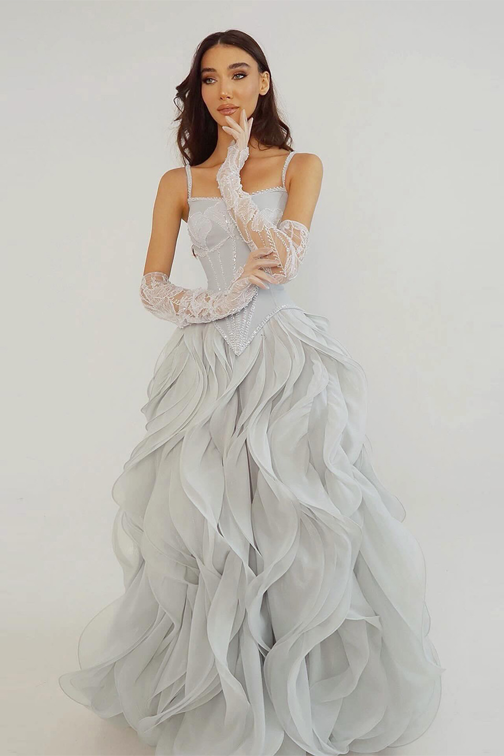 Luxurious Ice Blue Light Grey Corset Ball Gown Cascading Ruffle Tiered Evening Dress With Gloves SS672 Sheer Fairy