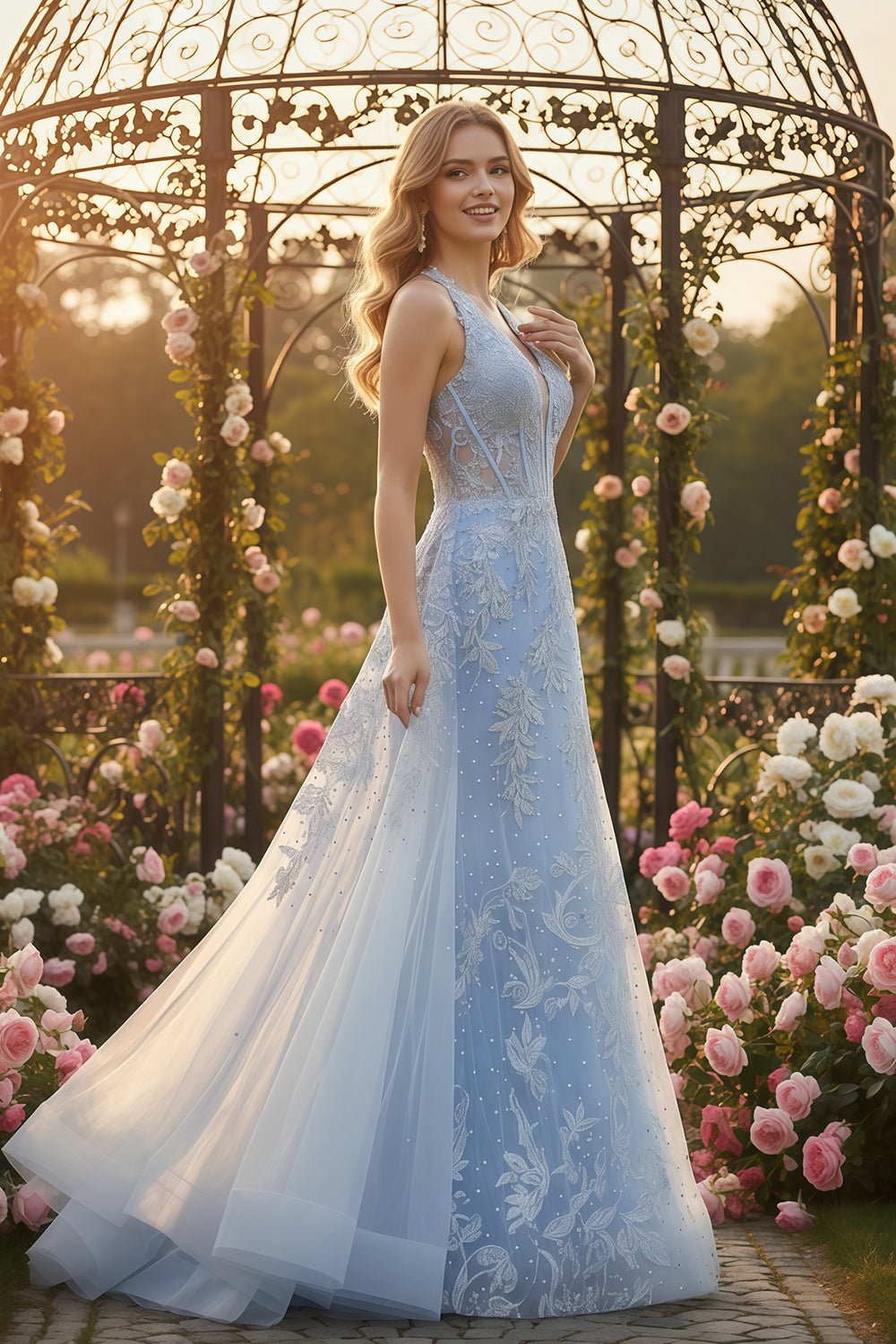 Light Blue Halter Mermaid Prom Dress with Lace Beaded SH170 Sheer Fairy