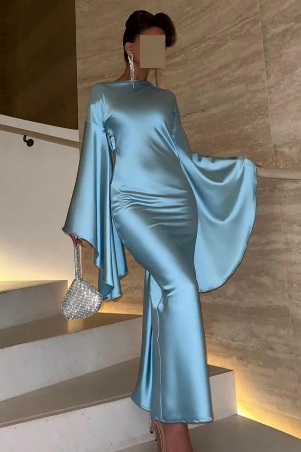 Light Blue Mermaid Evening Dress with Flare Long Sleeves SF027 Sheer Fairy