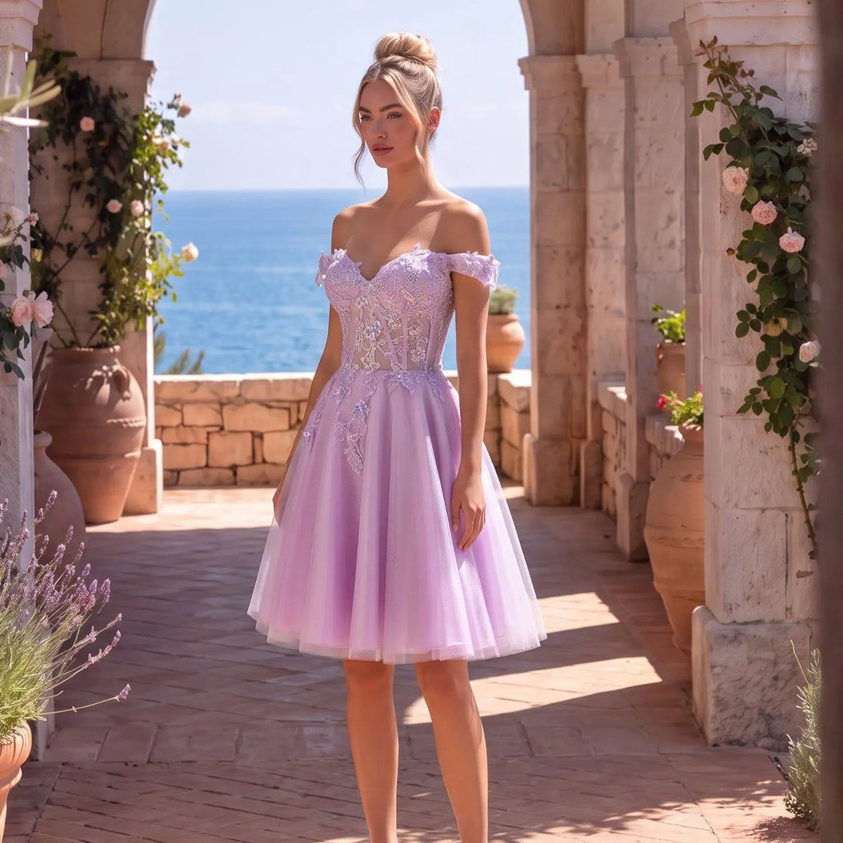 Lavender Tulle Off-Shoulder Lilac Mini Homecoming Dress RM161 Sheer Fairy