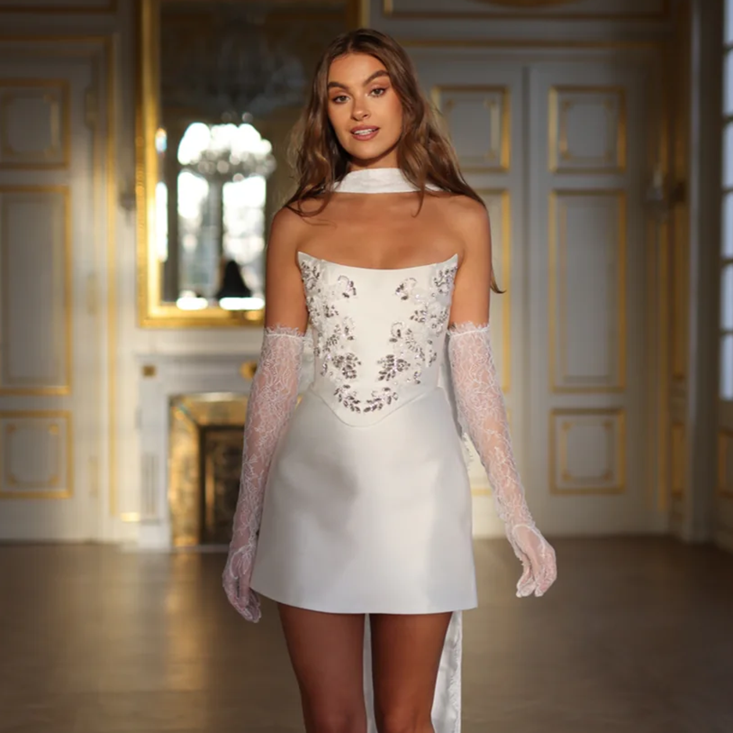 Luxury Beaded Satin Short Wedding Dress with Scarf and Gloves SW114