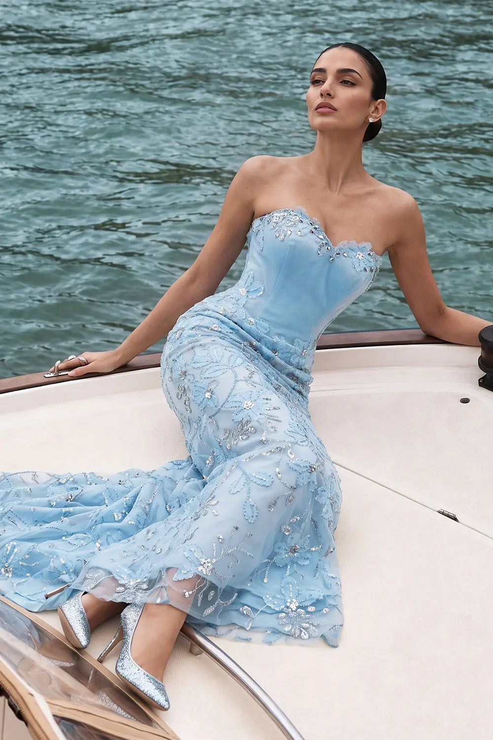 Blue Floral Sequin Strapless Evening Gown ST108 Sheer Fairy
