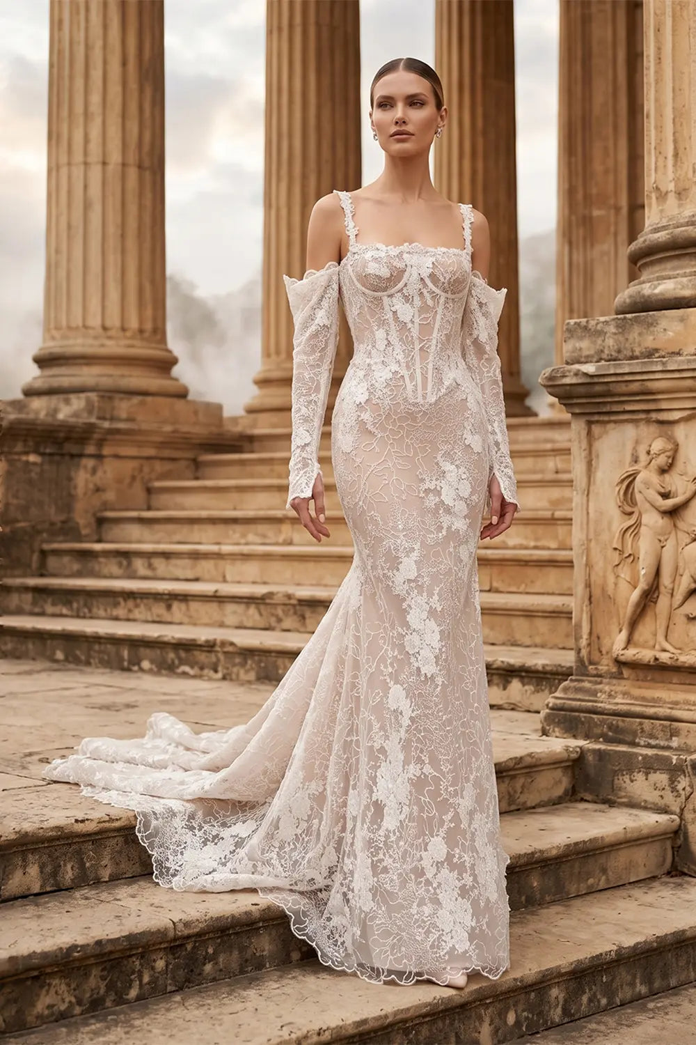White Lace Mermaid Wedding Dress Long Sleeves Corset SW750 Sheer Fairy