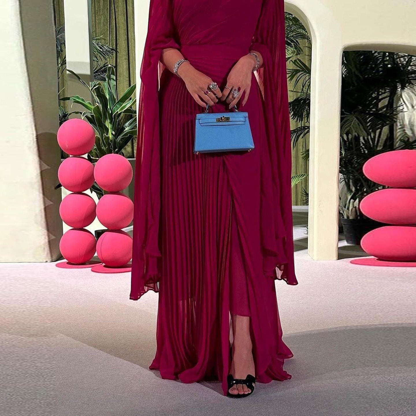 Deep Fuchsia One-Shoulder Pleated Chiffon Evening Dress with Cape Sleeves SF085 Sheer Fairy