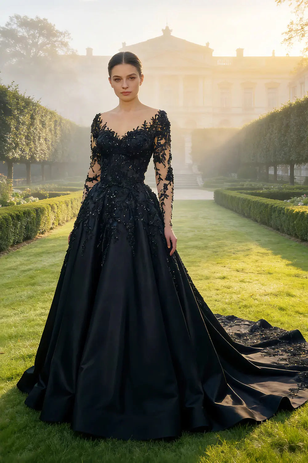 Black Satin Ballgown Wedding Dress with Illusion Lace V-Neck SW559 Sheer Fairy