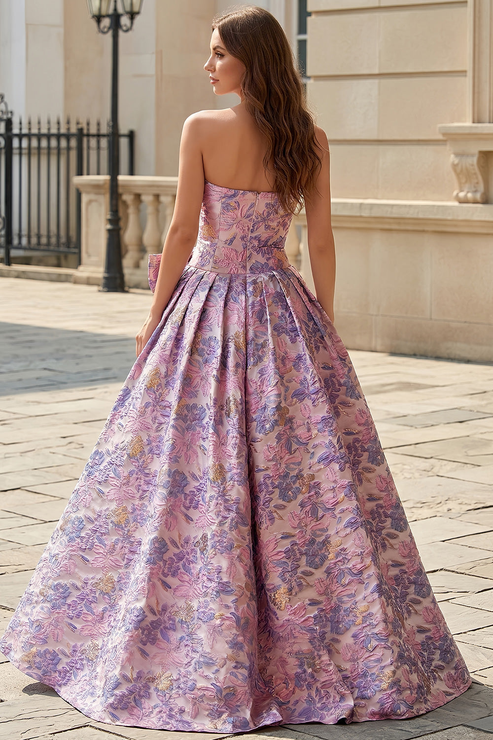 Lilac Floral Brocade Sexy Prom Dress with Overskirt Bow SH775 Sheer Fairy