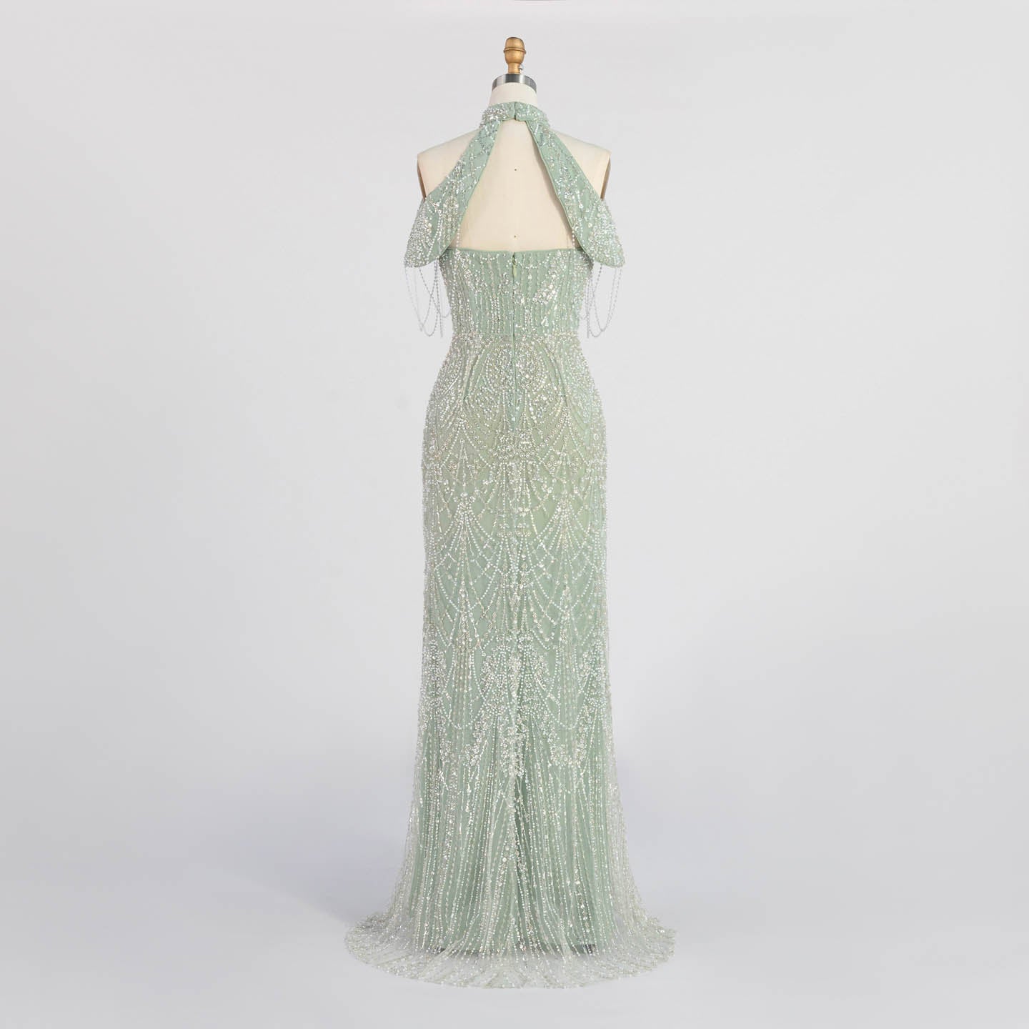 High Neck Cold Shoulder Beaded Sequin Evening Gown Tassel Fringe Formal Prom Dress ST005 Sheer Fairy